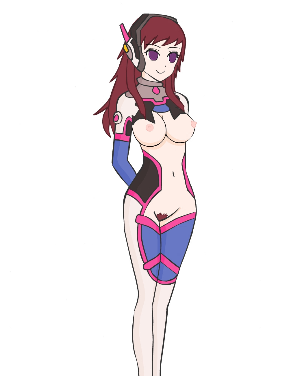 1girl 1girls arozura_(artist) big_iris boobs breasts color colored d.va female female_focus female_only hairy_pussy nipples overwatch purple_eyes tagme