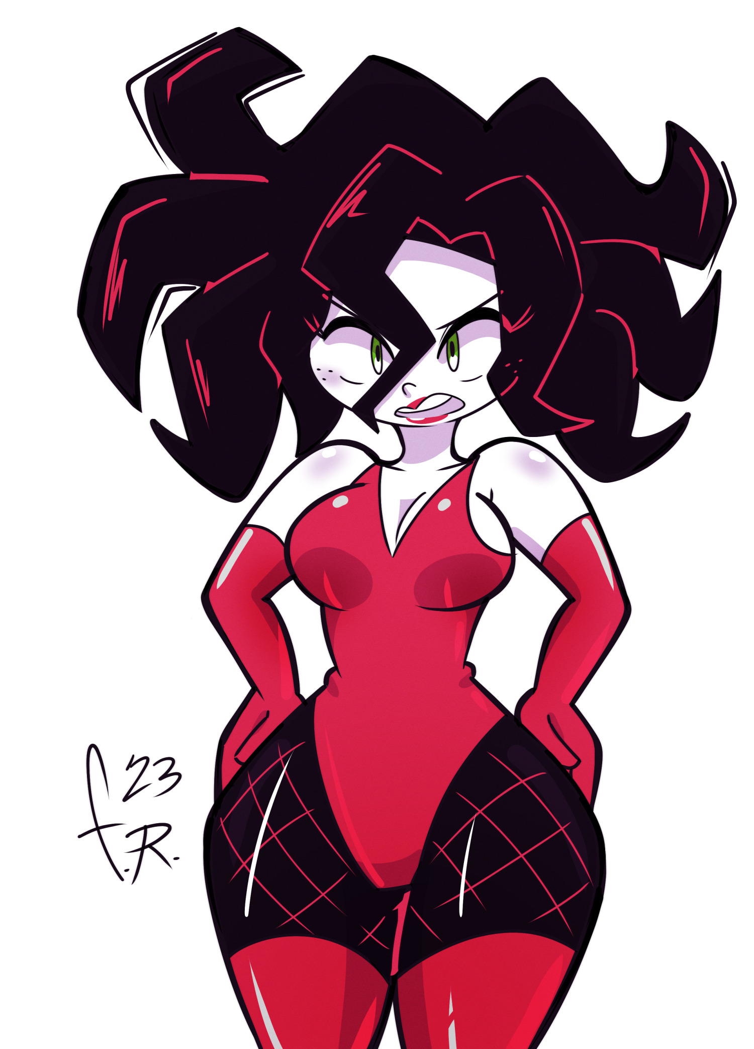 1girls, 2023, bare shoulders, black hair, cleavage, female, female focus, female only, fernal-scarlet, gloves, hourglass figure, living hair, powerpuff girls, red lipstick, sedusa, solo, solo female, thunder thighs, white skin