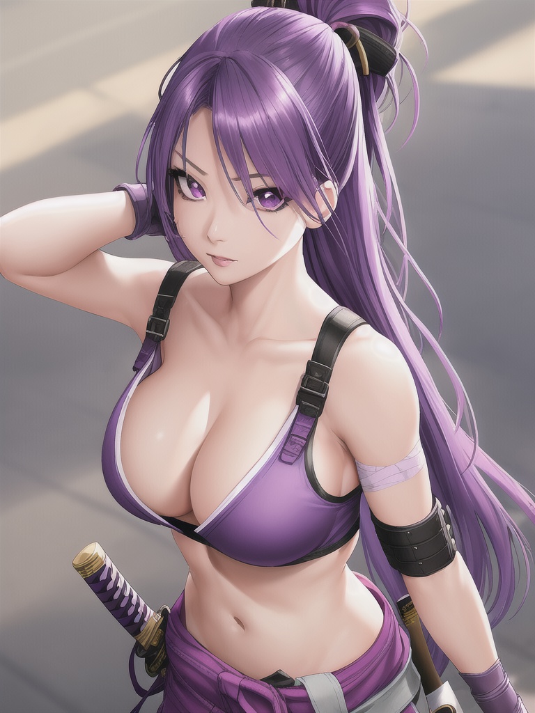 1girls ai_generated boob_window bra cleavage female hourglass_figure katana large_breasts long_hair looking_at_viewer navel original original_character ponytail purple_eyes purple_hair shmebulock36 slim_waist solo solo_female sword