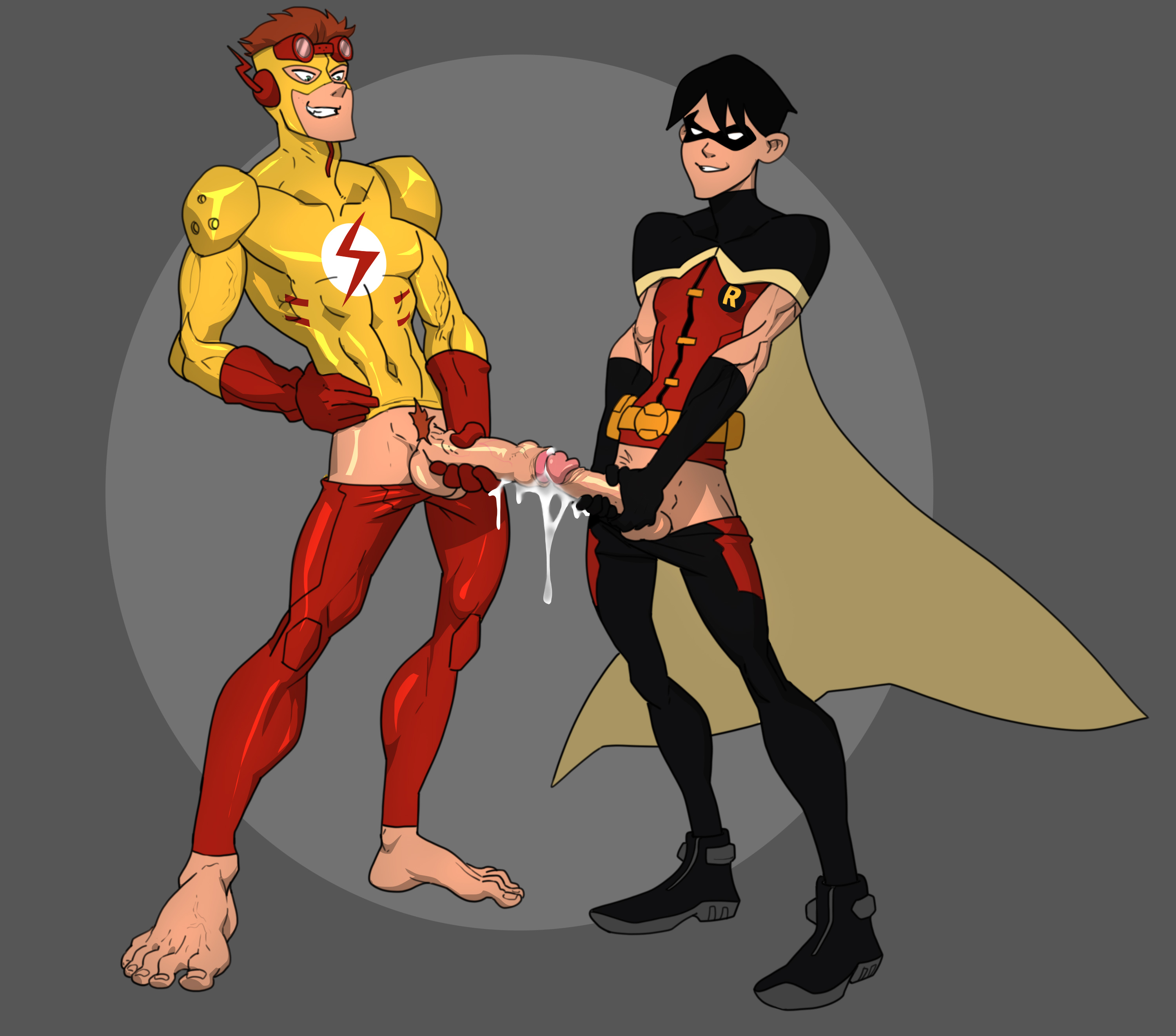 2boys, anma, dc, dc comics, dick grayson, feet, foreskin, frottage, fully retracted foreskin, gay, gay sex, group masturbation, kid flash, male, male only, masturbation, partially retracted foreskin, penis, retracted foreskin, robin (dc), robin (dick grayson), robin (young justice), spandex suit, teenage male, teenager, uncircumcised, uncut, wally west, yaoi, young justice