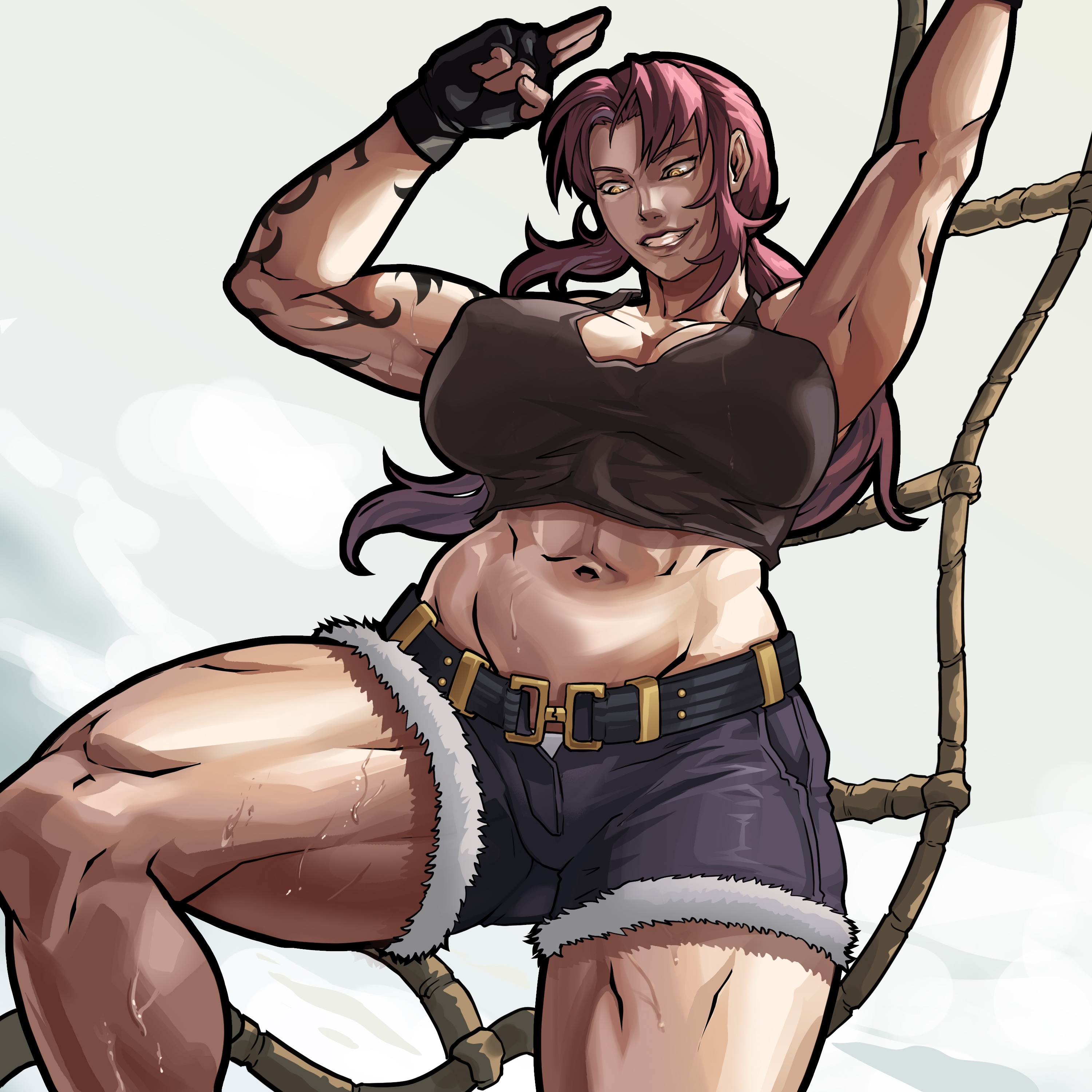 1girls, abs, absurd res, black lagoon, breasts, busty, equinox006, female, fingerless gloves, hi res, hourglass figure, long hair, midriff, muscular, muscular female, navel, open fly, panties, panty peek, parted lips, ponytail, purple hair, revy, shorts, smile, solo, sweat, tattoo, thick thighs, white panties, wide hips, yellow eyes