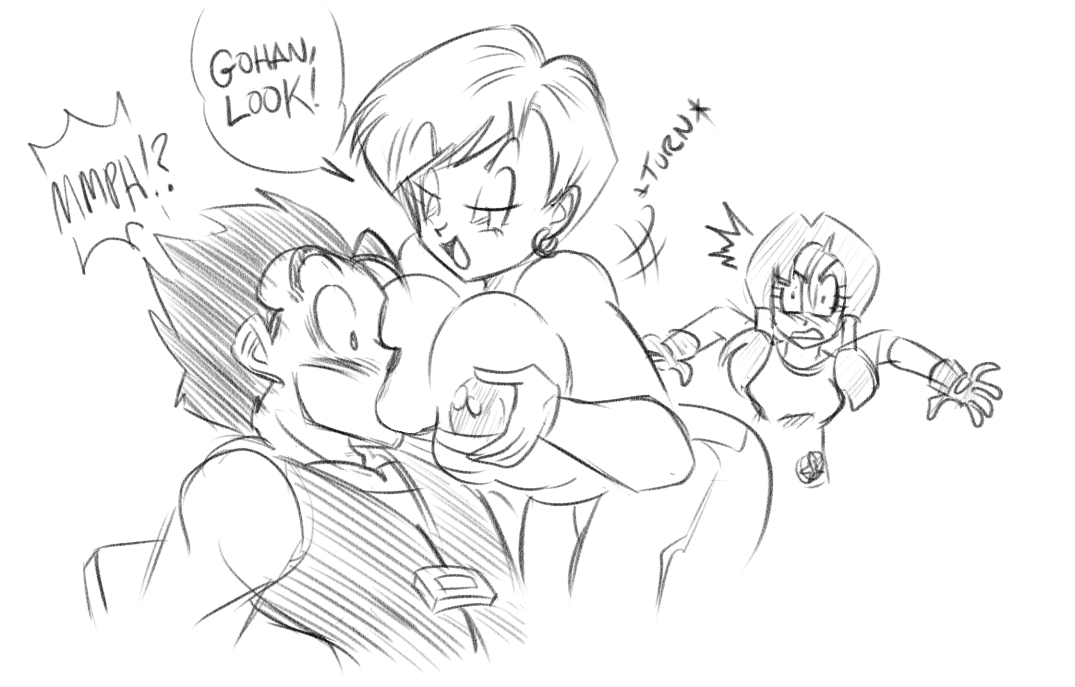 1boy, 2girls, breast sucking, dragon ball, dragon ball z, erasa, female, funsexydragonball, male, monochrome, sketch, son gohan, tagme, videl