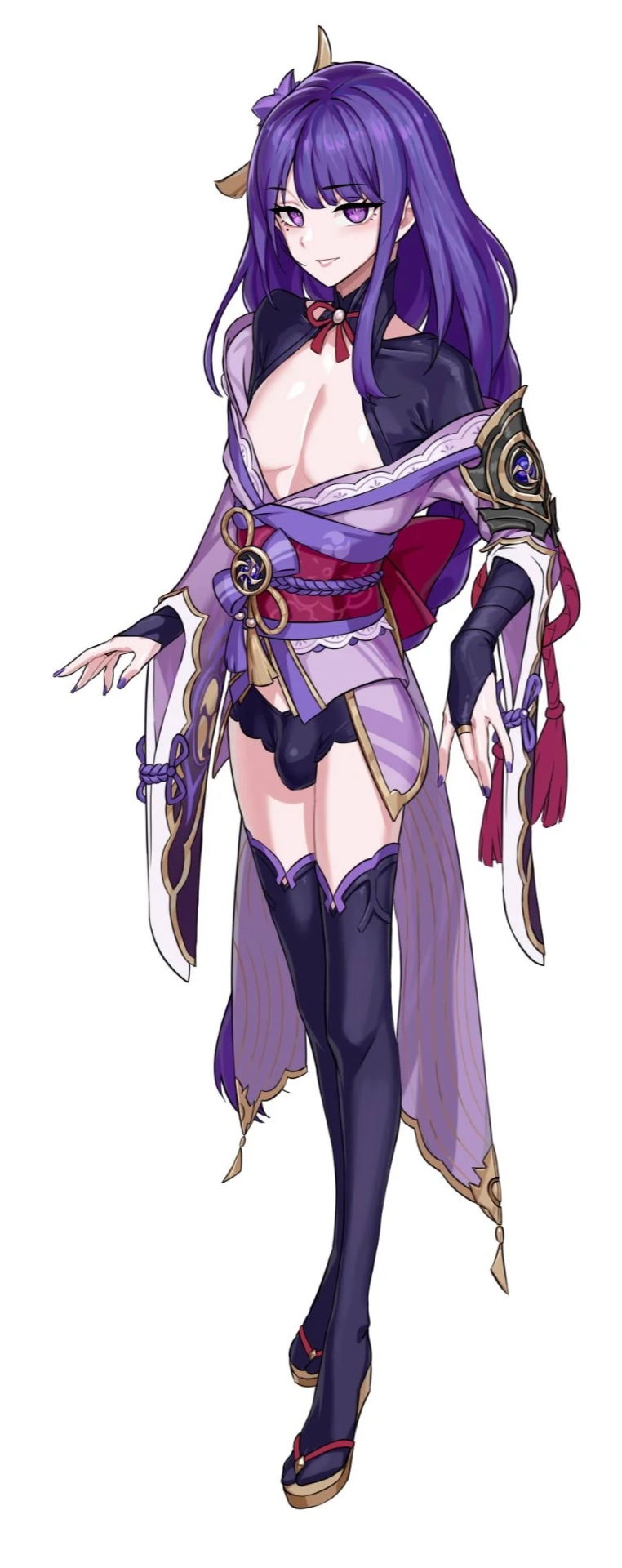 1boy, braided hair, bulge, crossdressing, femboy, feminine male, ftm crossgender, ftm transformation, genderswap, genderswap (ftm), genshin impact, hoyoverse, kimono, long hair, long-haired male, male, male with painted nails, mihoyo, otoko no ko, otokonoko, p.maker, purple eyes, purple hair, raiden shogun, rule 63, tagme, thighhighs, transformation