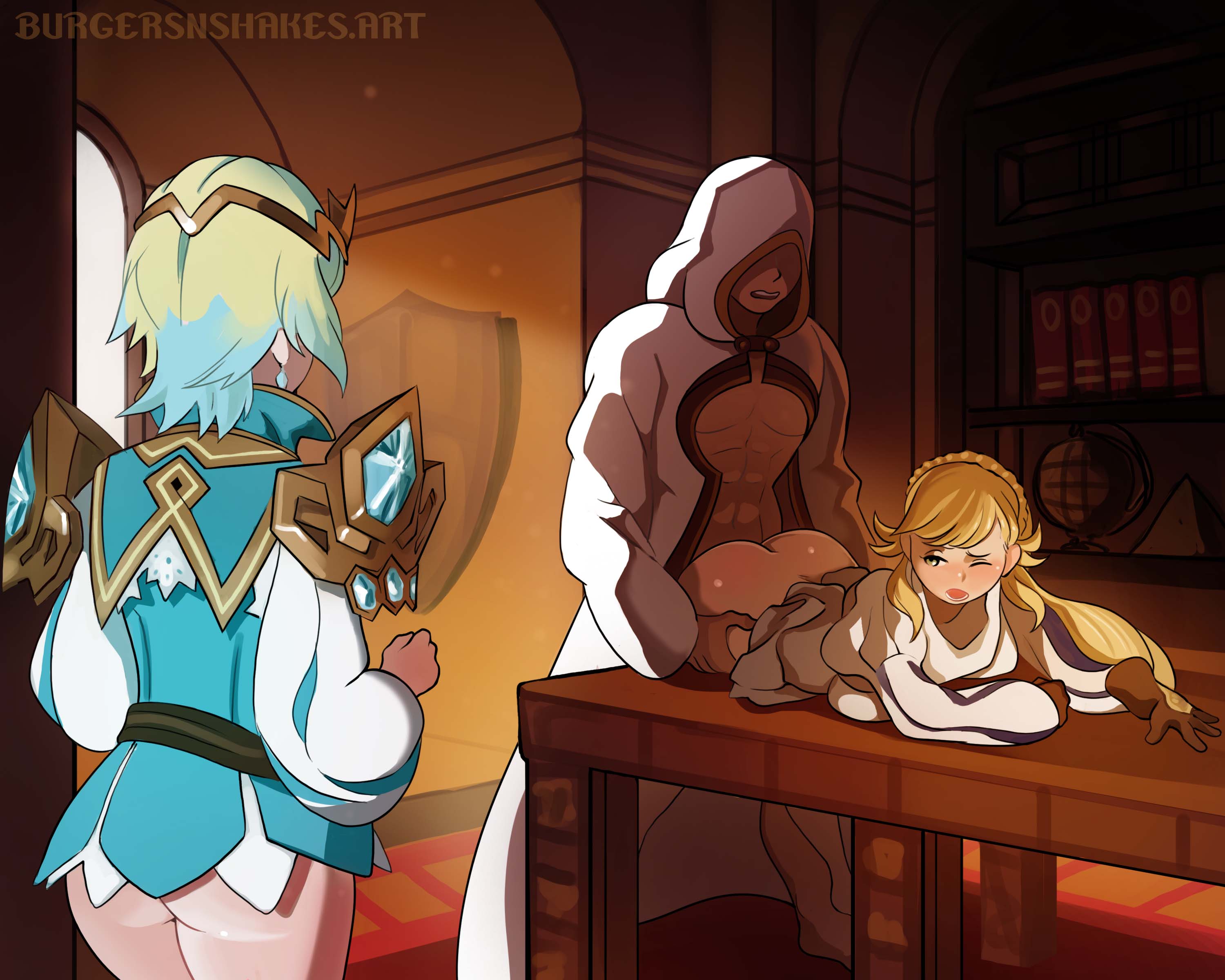 1boy, 2girls, alternate breast size, ass, bent over, bent over table, big ass, big breasts, blonde hair, book, bookshelf, breasts, burgersnshakes, caught, earrings, faceless male, female, fire emblem, fire emblem heroes, fjorm (fire emblem), gloves, green eyes, indoors, kiran (fire emblem), kiran (fire emblem) (male), long hair, looking back, male, multicolored hair, multiple females, multiple girls, nintendo, no panties, one eye closed, sex, sharena (fire emblem), short hair, source request, straight, table, walk-in