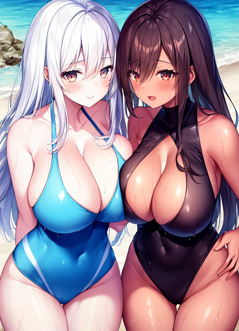 2023, 2girls, ai generated, curvaceous, curvy body, curvy female, curvy figure, female, female focus, female only, hi res, latex swimsuit, long hair, looking at viewer, stable diffusion, swimsuit, swimwear, voluptuous, voluptuous female, wet clothes, wet skin