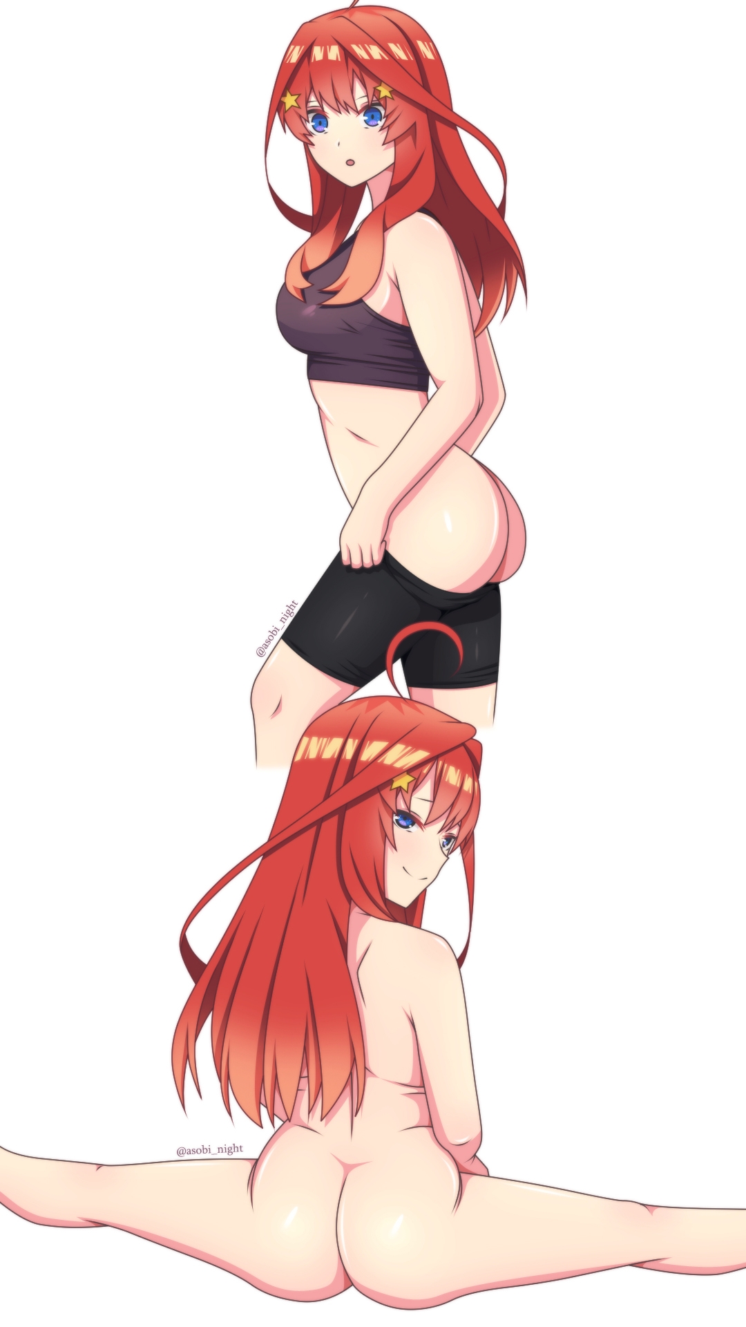 :o, 1girls, ahoge, artist name, asobi night, ass, back, bangs, black shorts, black sports bra, blue eyes, breasts, completely nude, female, flexible, go-toubun no hanayome, highres, huge ass, large breasts, long hair, looking at viewer, looking back, mooning, nakano itsuki, nude, open mouth, red hair, shorts, simple background, smile, splits, sports bra, spread legs, white background, wide hips, wide spread legs