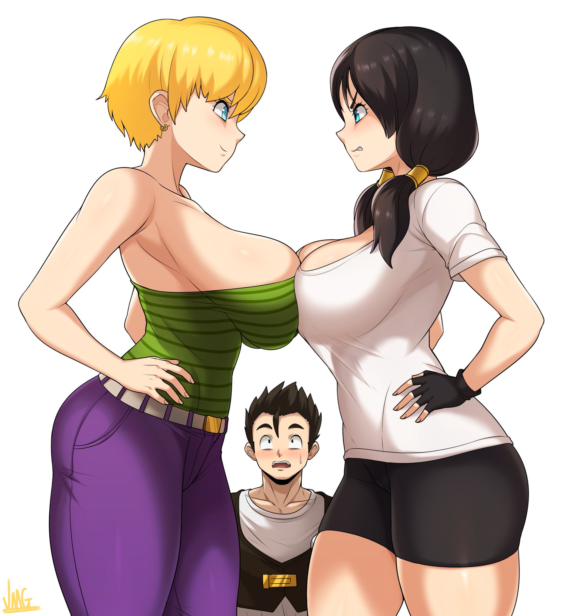 2girls, big breasts, bike shorts, black hair, blonde hair, breast press, breasts, catfight, dragon ball, dragon ball z, erasa, female, female focus, hand on hip, jmg, looking at another, male, son gohan, staredown, tagme, thick thighs, twintails, videl