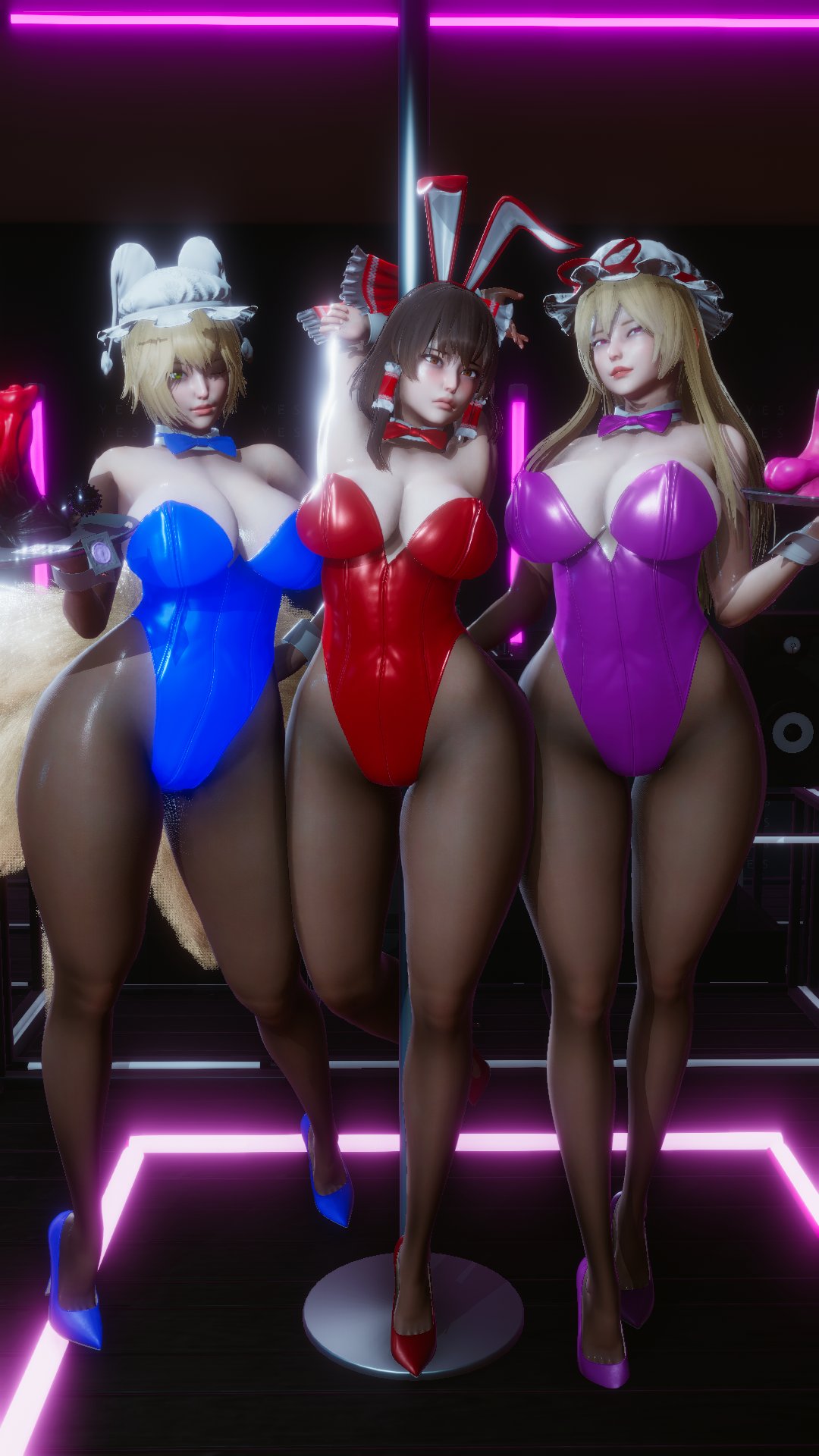 3girls bunnysuit female ftnrmst large_ass pantyhose ran_yakumo reimu_hakurei thick_thighs touhou wide_hips yukari_yakumo