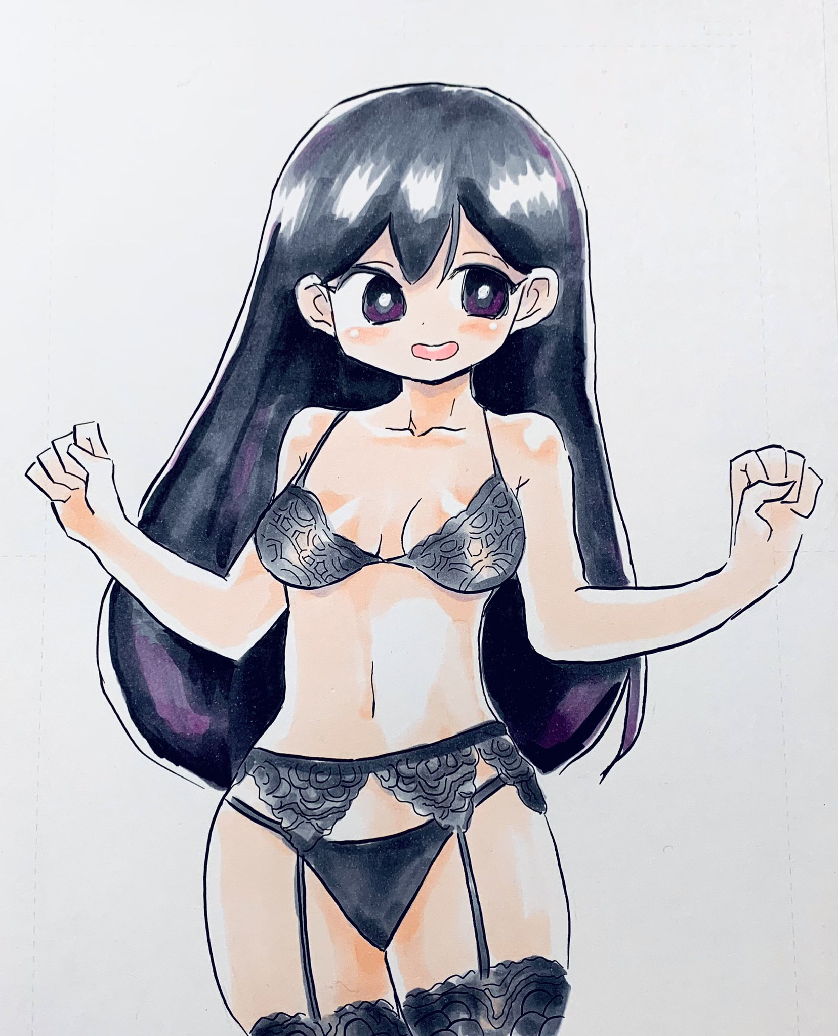 1girls, female, lingerie, mari (omori), mob face, omori, traditional media (artwork), watercolor (artwork)