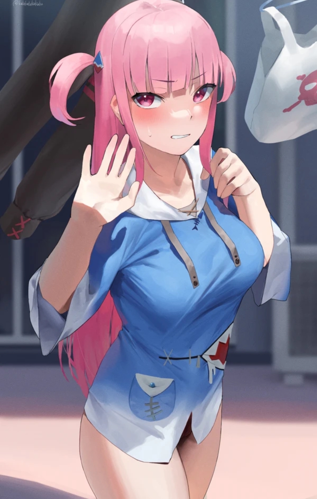 breasts, female, frikulu, gawr gura, gawr gura (cosplay), hololive, hololive english, hololive myth, large breasts, mori calliope, pink hair, twintails, virtual youtuber