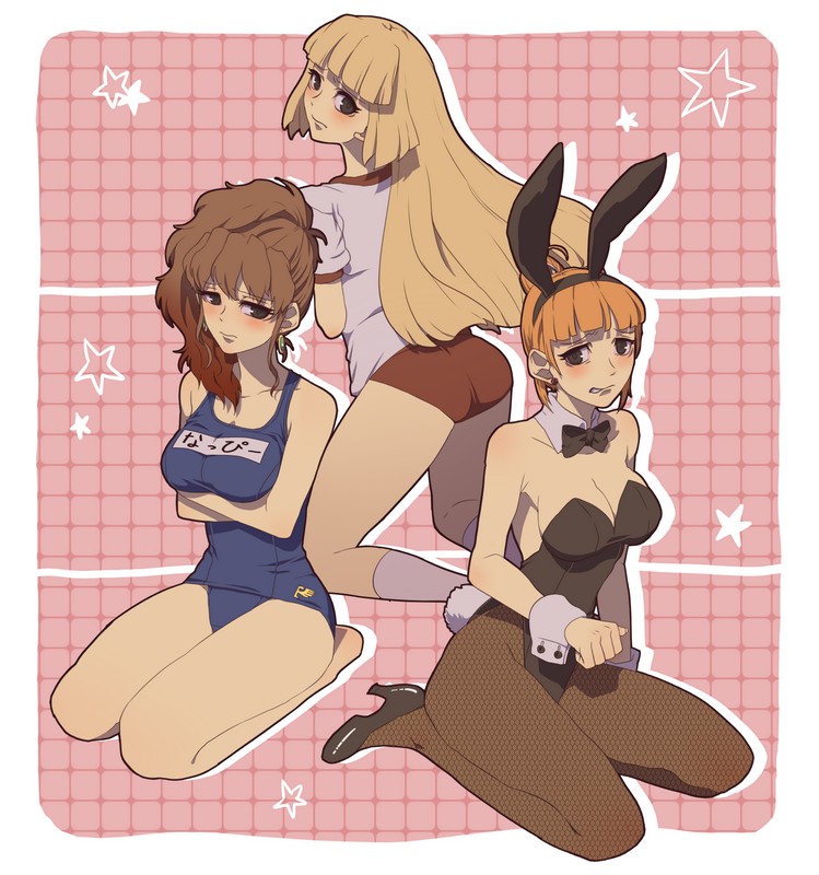 07th_expansion 3girls alternate_costume animal_ears blonde_hair blush bowtie brown_hair bunnysuit embarrassed eva_ushiromiya female female_only fishnets gym_uniform long_hair multiple_girls natsuhi_ushiromiya niso on_knees orange_hair red_hair rosa_ushiromiya school_swimsuit short_hair siblings sister-in-law sisters umineko_no_naku_koro_ni