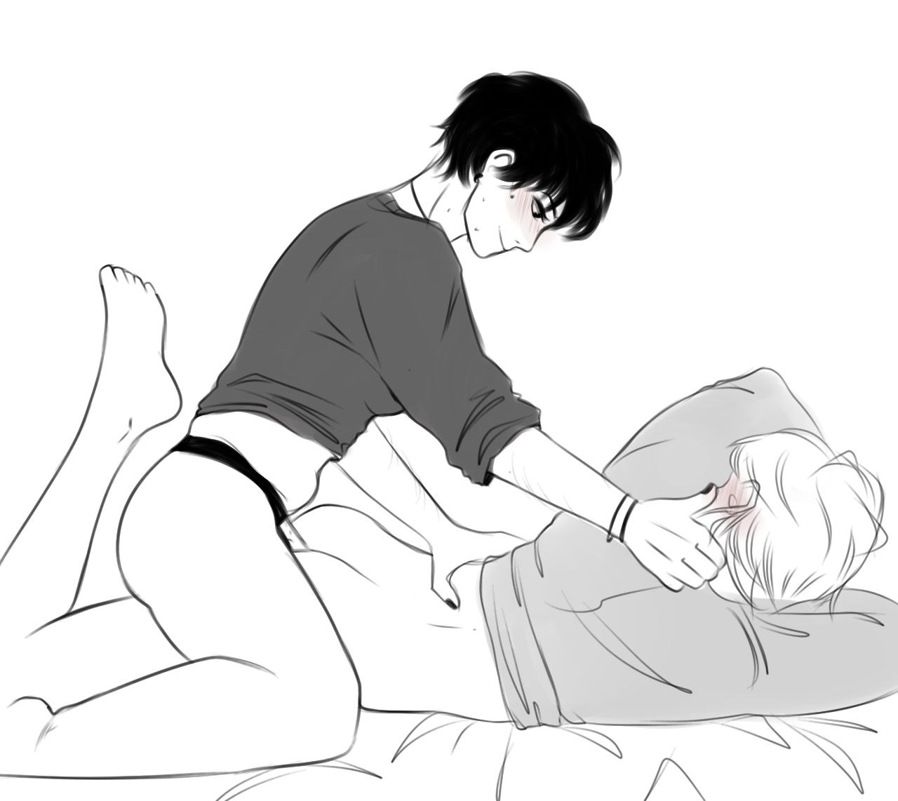 blush, dominant female, female, female on top, female penetrating, male, muscular, muscular male, original character, pegging, shirt only, skinny male, strap-on, strapon, submissive male, twink