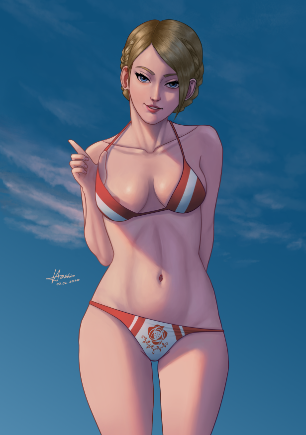 1girls ace_combat ace_combat_7 bikini blonde_hair blue_eyes curvaceous female_only outdoors rosa_(ace_combat) rosa_cossete_d'elise seductive_look seiyunn standing