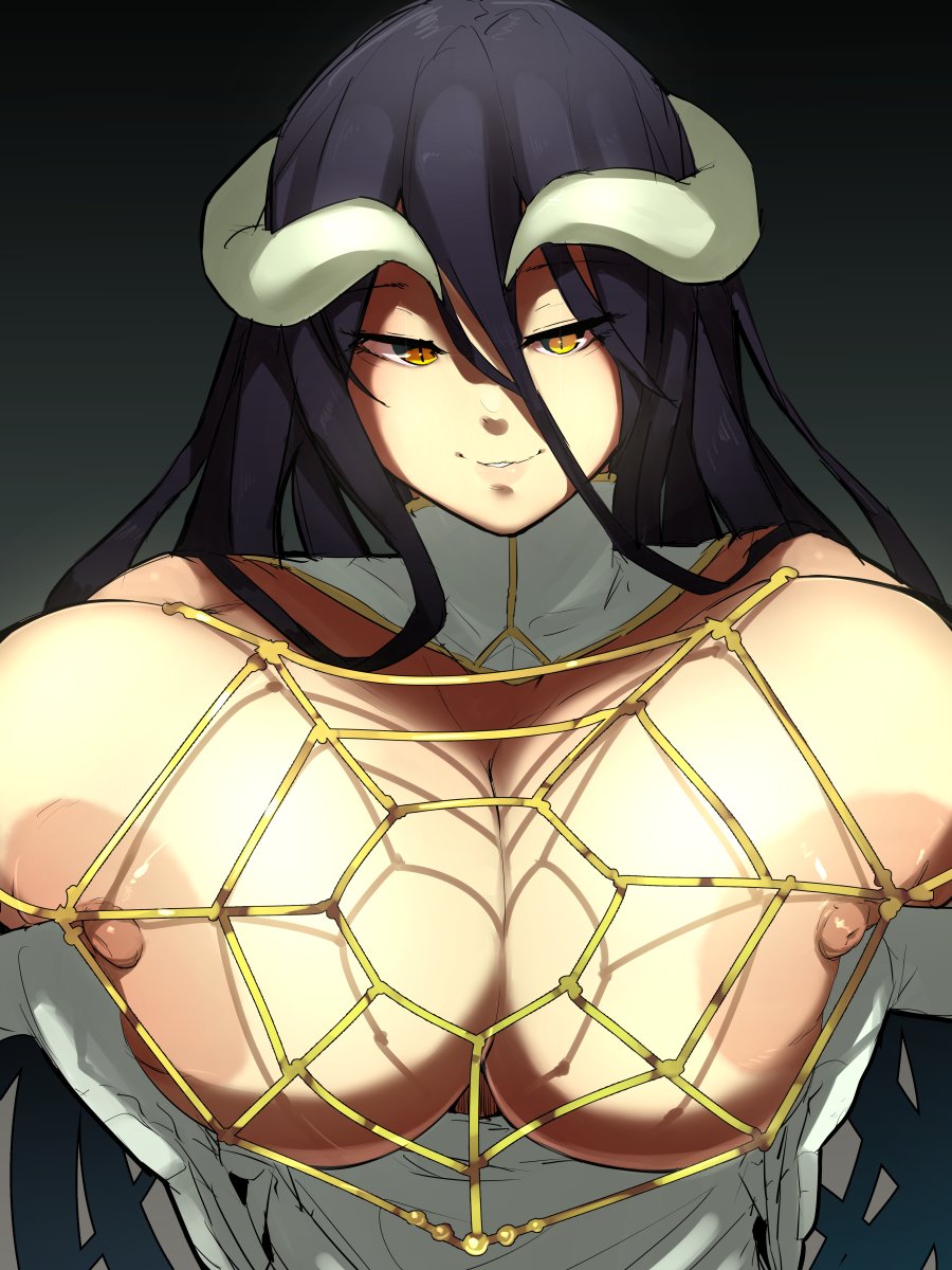 1girls, albedo (overlord), big breasts, black hair, breasts, demon, demon girl, female, long hair, overlord (maruyama), solo, succubus, succubus horns, upper body, wokonogi, yellow eyes