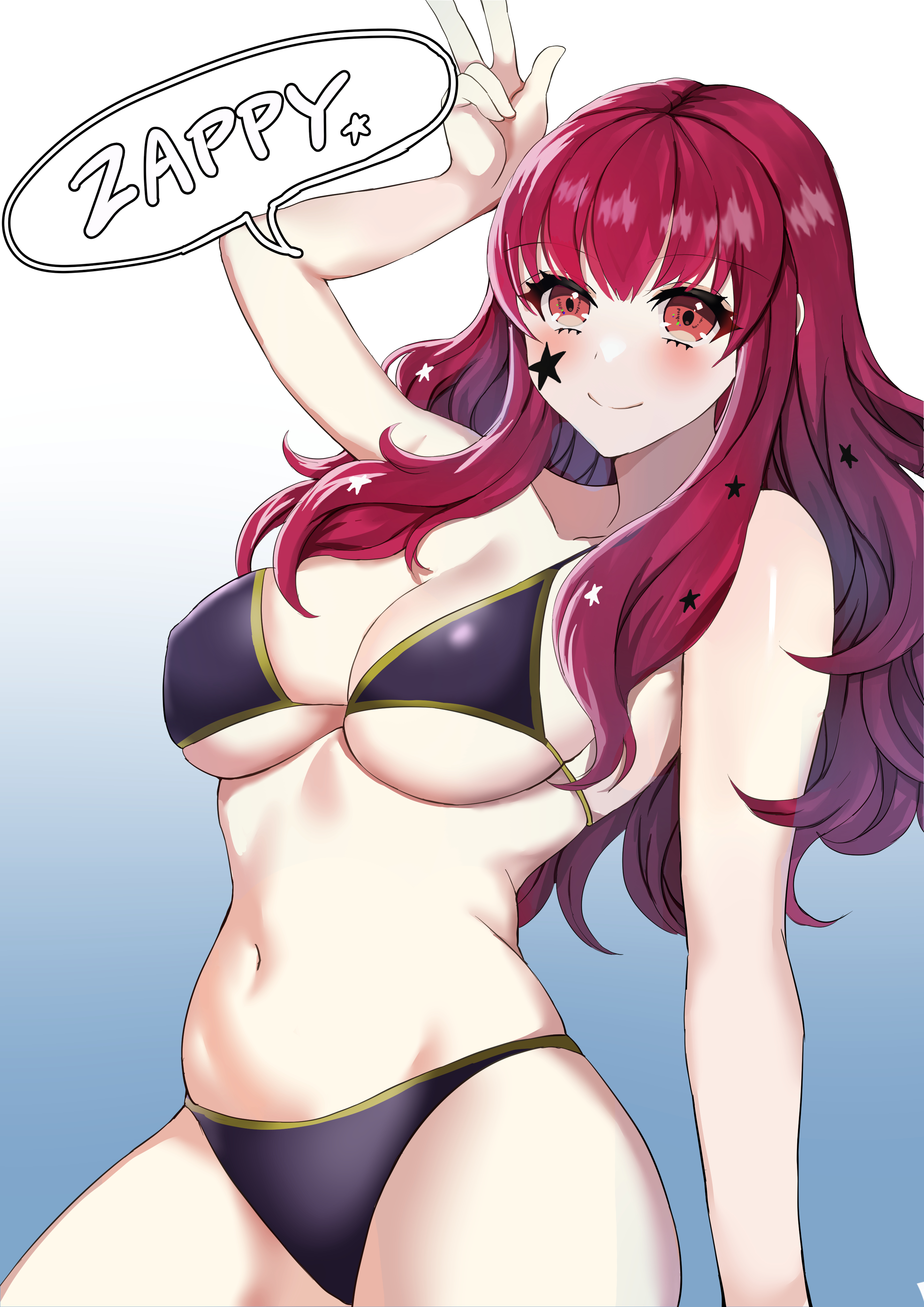 1girls, alternate costume, bare thighs, bikini, black bikini, black swimsuit, breasts, facial tattoo, female, female only, fire emblem, fire emblem engage, long hair, nintendo, red eyes, red hair, solo, star (symbol), swimsuit, tara (szzj7733), tattoo, thick thighs, thighs, v, yunaka (fire emblem)