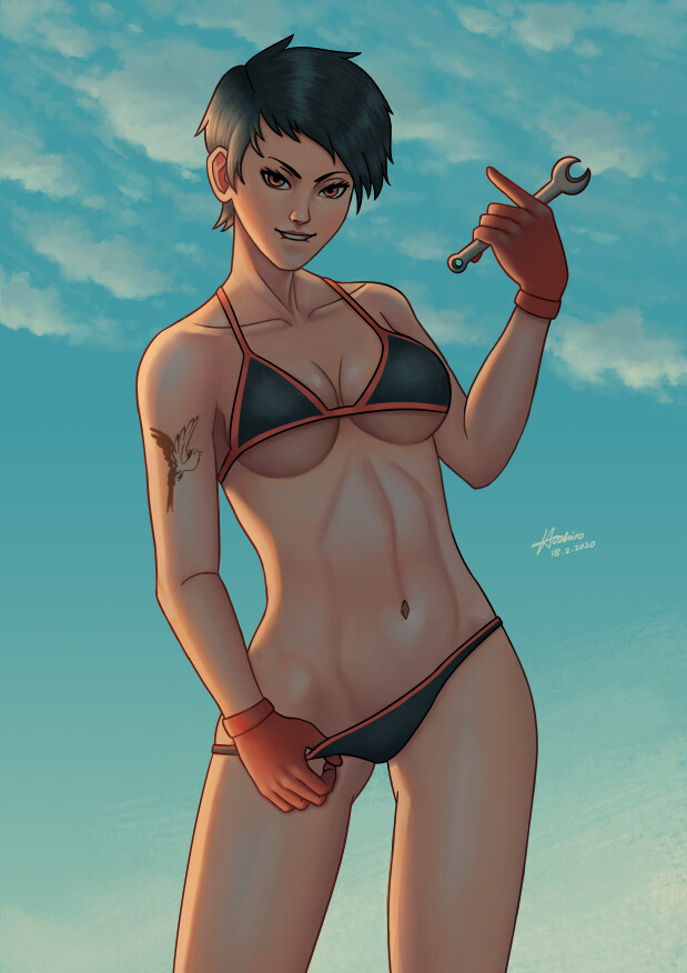 1girls ace_combat ace_combat_7 avril_mead bikini biting_lip brown_eyes female_only outdoors seductive_look seiyunn