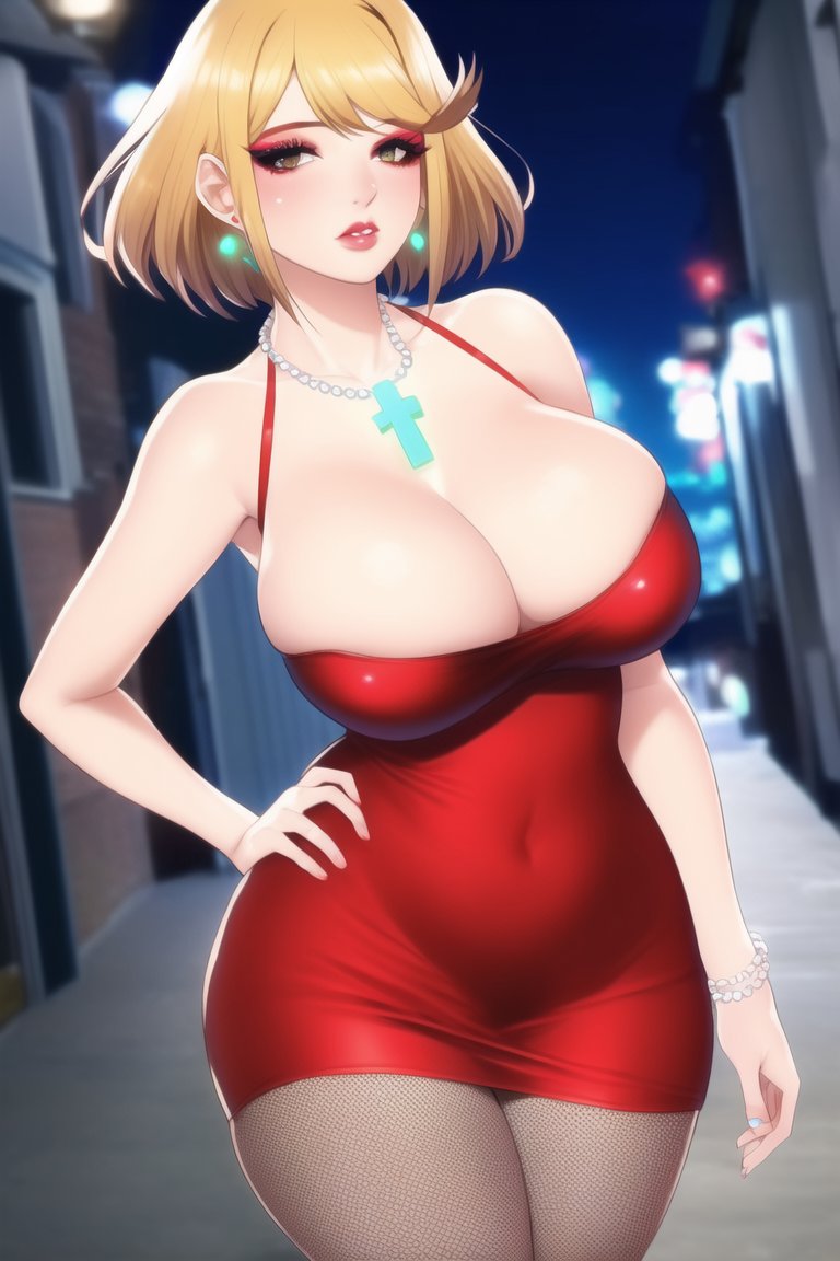 ai generated, alley, alternate hair color, annoyed, blonde hair, breasts, city, cleavage, dress, eyelashes, eyeshadow, female, fishnet, fishnet legwear, golden pyra, handbag, jewelry, large breasts, legwear, lips, makeup, microdress, minidress, nai diffusion, nipples, outdoors, outside, pearl necklace, prostitute, prostitution, pussy, pyra, pyra (xenoblade), red dress, robofun, stable diffusion, urban, vagina, xenoblade (series), xenoblade chronicles 2