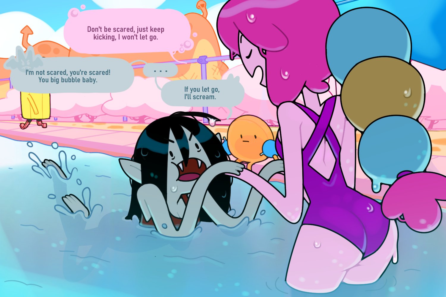 adventure time, ass, discount-supervillain, female, marceline, mob face, princess bubblegum, swimsuit, wholesome