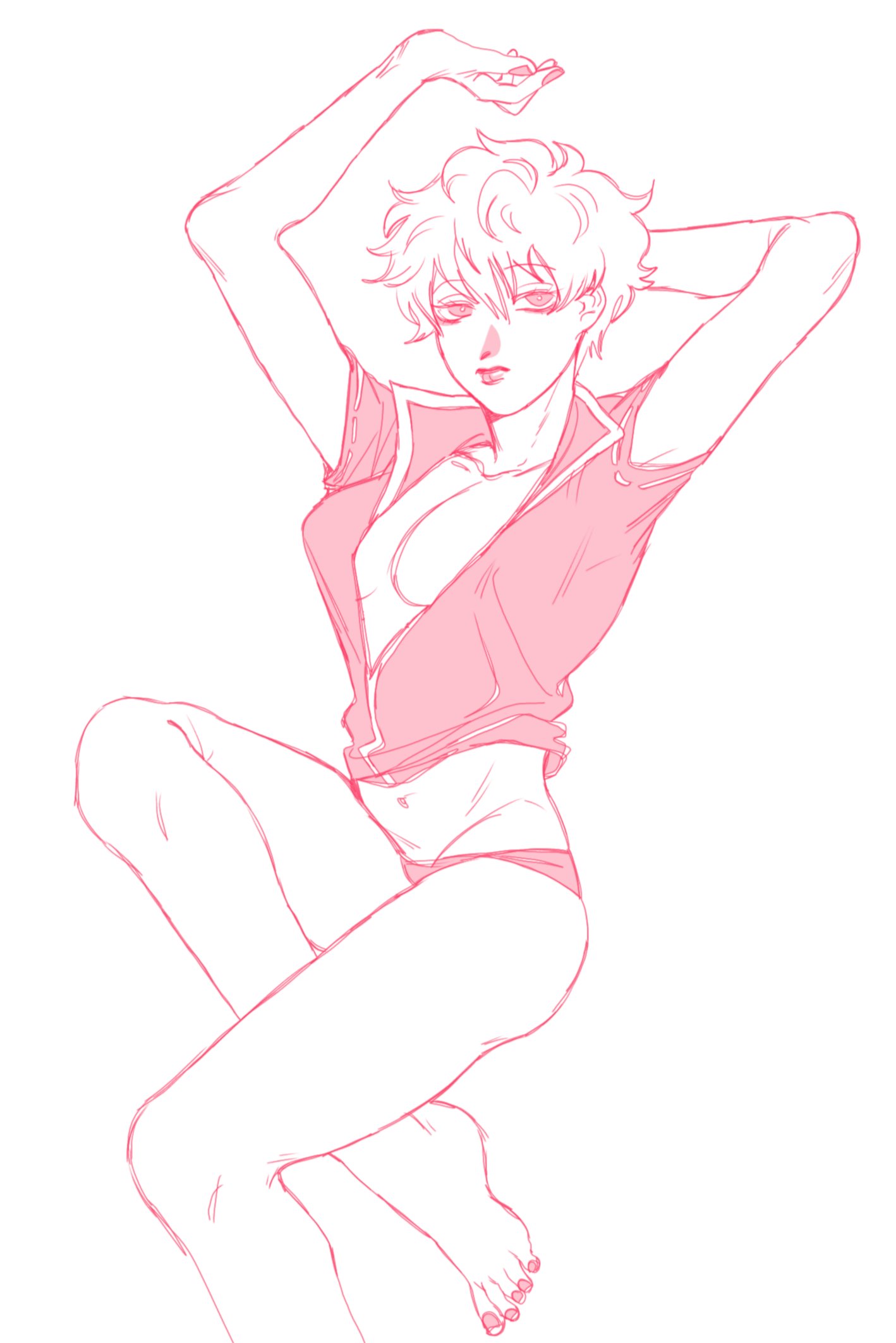 arms_up cleavage curly_hair eighthousand female female_only full_cleavage genderswap_(mtf) gintama gintoki_sakata looking_at_viewer medium_breasts monochrome no_bra open_shirt panties pink_theme popped_collar rule_63 short_hair sketch solo very_short_hair