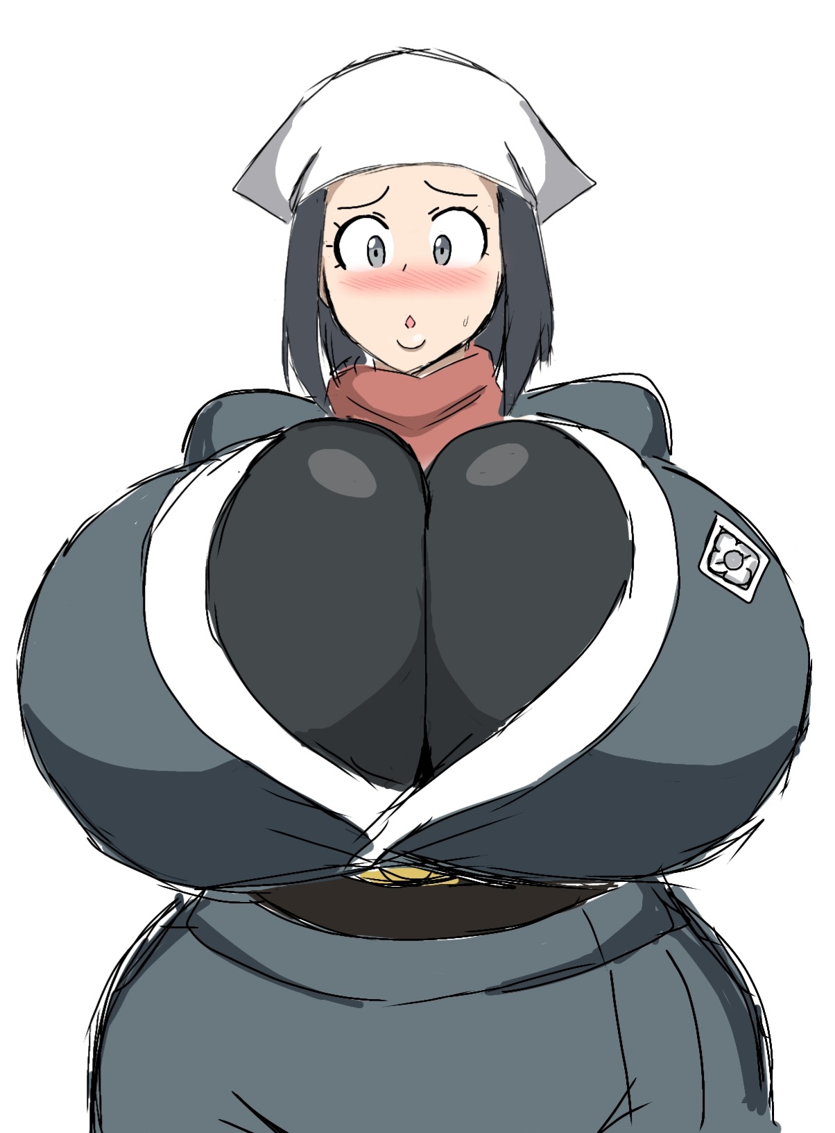 akari (pokemon), blush, breasts, breasts bigger than head, clothed, clothed female, female, game freak, grey eyes, huge breasts, hyper breasts, large breasts, massive breasts, momiji (artist), pokemon, pokemon legends: arceus, purple hair, short hair, short purple hair, white background