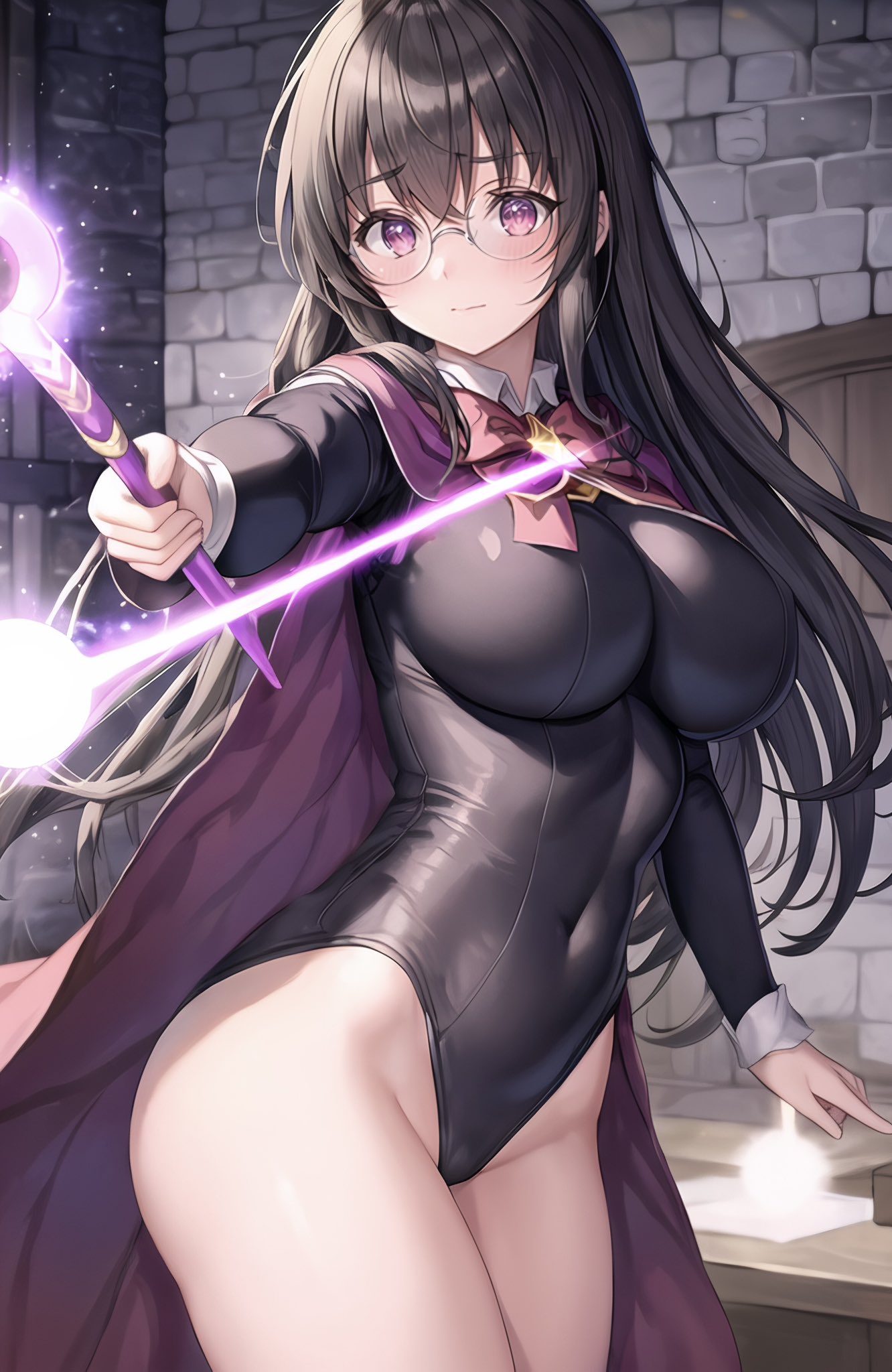 1girls, 2023, ai generated, black hair, curvaceous, curvy female, curvy figure, female, female focus, female only, glasses, hi res, high resolution, latex suit, leotard, long hair, looking at viewer, male, male to female, original, original character, seductive look, skin tight, solo, stable diffusion, stuffyai, voluptuous, voluptuous female