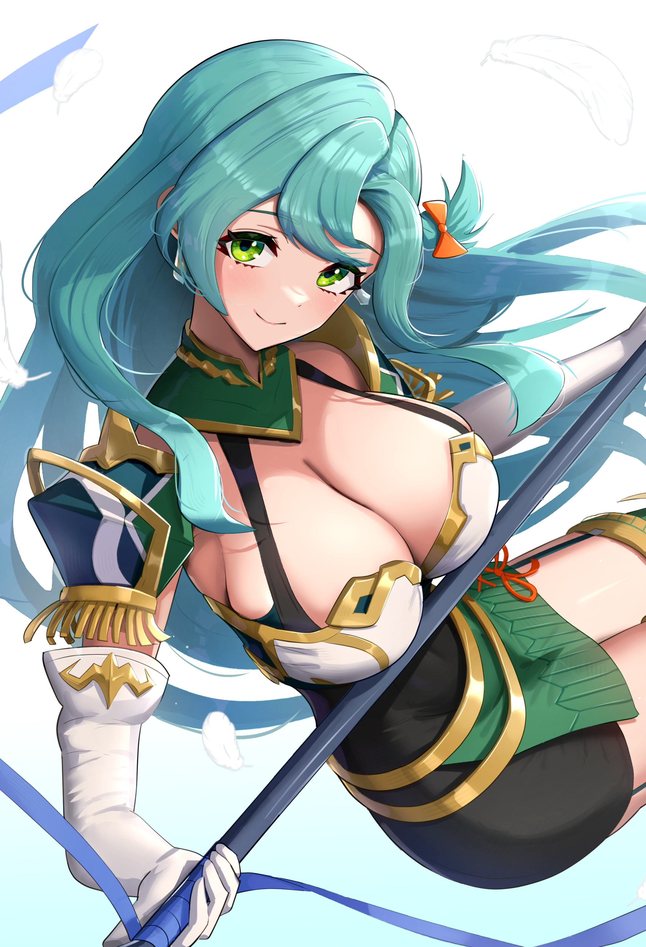 1girls, absurdres, aqua hair, armor, bangs, bare shoulders, braid, breastplate, breasts, chloe (fire emblem), cleavage, covered navel, elbow gloves, female, female only, fire emblem, fire emblem engage, garter straps, gloves, gonzarez, green eyes, highres, large breasts, long hair, looking at viewer, nintendo, pegasus knight uniform (fire emblem), polearm, shoulder armor, side braid, single braid, skin tight, smile, solo, spear, very long hair, weapon, white gloves