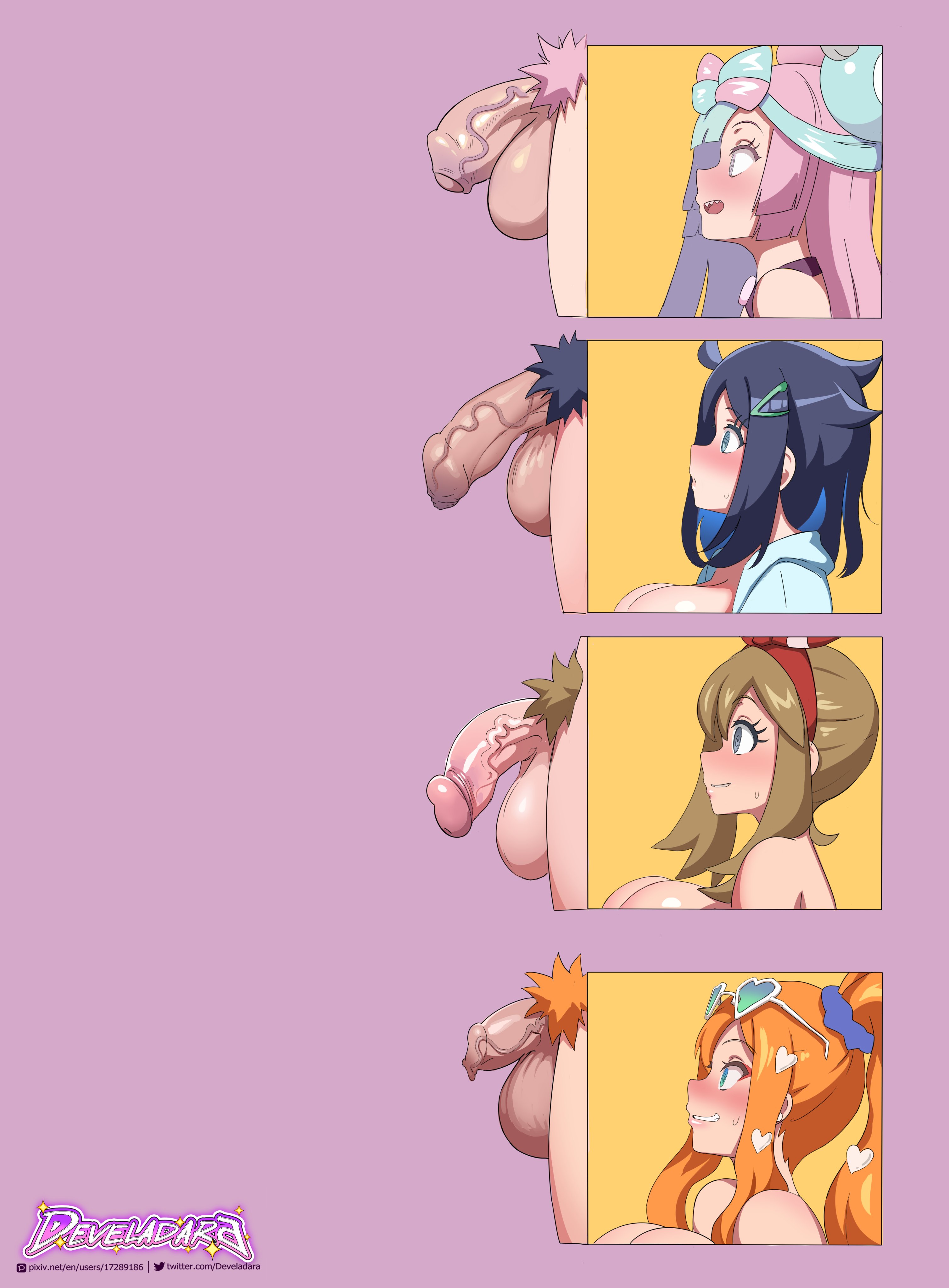 2023, 4futas, absurd res, absurdres, artist name, artist signature, balls, big balls, big breasts, blue eyes, blue hair, blue pubic hair, blush, breasts, brown hair, brown pubic hair, chart, develadara, flaccid, flaccid penis, futa only, futanari, game freak, grower not a shower, hair ornament, human, intersex, iono (pokemon), light skin, light-skinned futa, liko (pokemon), long hair, may (pokemon oras), may (pokemon), medium hair, nintendo, nude, open mouth, orange hair, orange pubic hair, penis, penis chart, penis comparison, penis size chart, penis size comparison, penis size comparison meme, penis size difference, pink hair, pink pubic hair, pokemon, pokemon (anime), pokemon horizons, pokemon oras, pokemon ss, pokemon sv, pubes, pubic hair, side view, size chart, size comparison, sonia (pokemon), standing, sunglasses, sunglasses on head, sweat, sweatdrop, tied hair, two-tone hair, uncensored, vein, veins, veiny penis