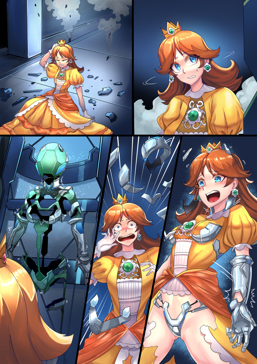 1girls blue_eyes breasts brown_hair chastity chastity_belt chastity_device collar crown dress earrings female female_chastity female_only flower_earrings gloves ibenz009 mario_(series) medium_breasts medium_hair metal_collar metal_gloves metal_panties nintendo princess_daisy torn_clothes torn_clothing torn_dress transformation yellow_dress