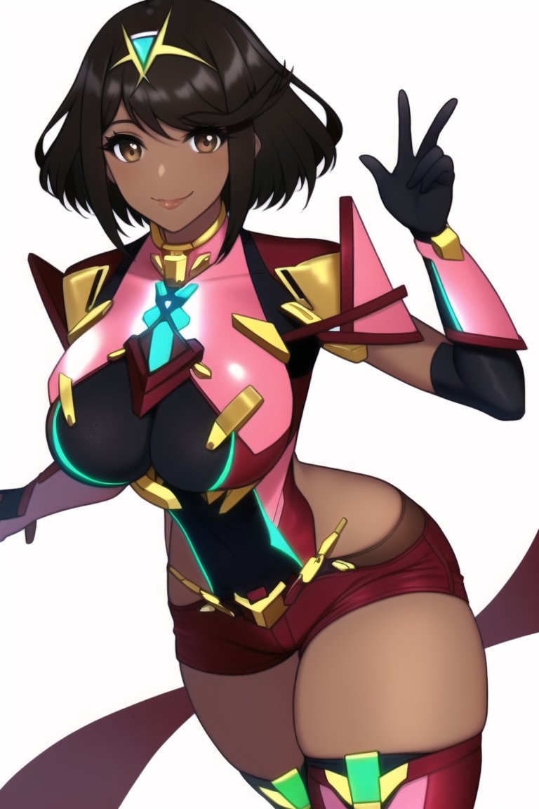 ai_generated alternate_skin_color armor black_hair black_skin blackened_pyra cleavage core_crystal curly_hair dark-skinned_female dark_skin hair_bun hand_on_hip hip_vent hotpants large_breasts nai_diffusion pyra race_swap robofun short_shorts shorts shoulder_armor skindentation stable_diffusion thick_thighs thighhighs xenoblade_(series) xenoblade_chronicles_2