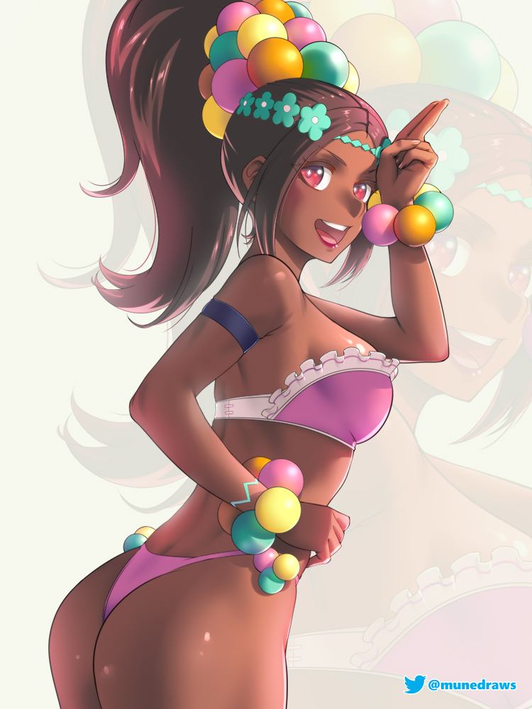 :d, 1girls, alternate costume, arm strap, ass, bandeau, bare arms, bare shoulders, big ass, bikini, breasts, brown hair, cowboy shot, dark skin, dark-skinned female, etchimune, female, female only, fire emblem, fire emblem engage, lipstick, looking at viewer, makeup, medium breasts, medium hair, nintendo, open mouth, pink bikini, pink eyes, pink lips, pink swimsuit, ponytail, smile, solo, standing, star-shaped pupils, swimsuit, symbol-shaped pupils, timerra (fire emblem), zoom layer