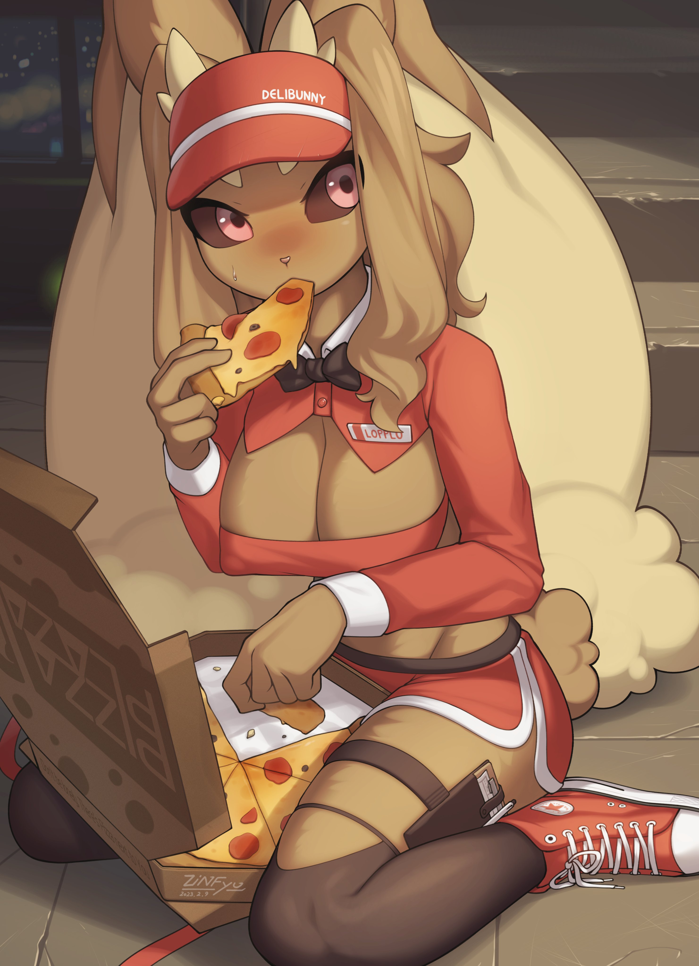 1girls, big breasts, breasts, converse, eating, female, female only, furry, lopunny, pizza, pokémon (species), pokemon, pokemon (species), sneakers, tagme, zinfyu