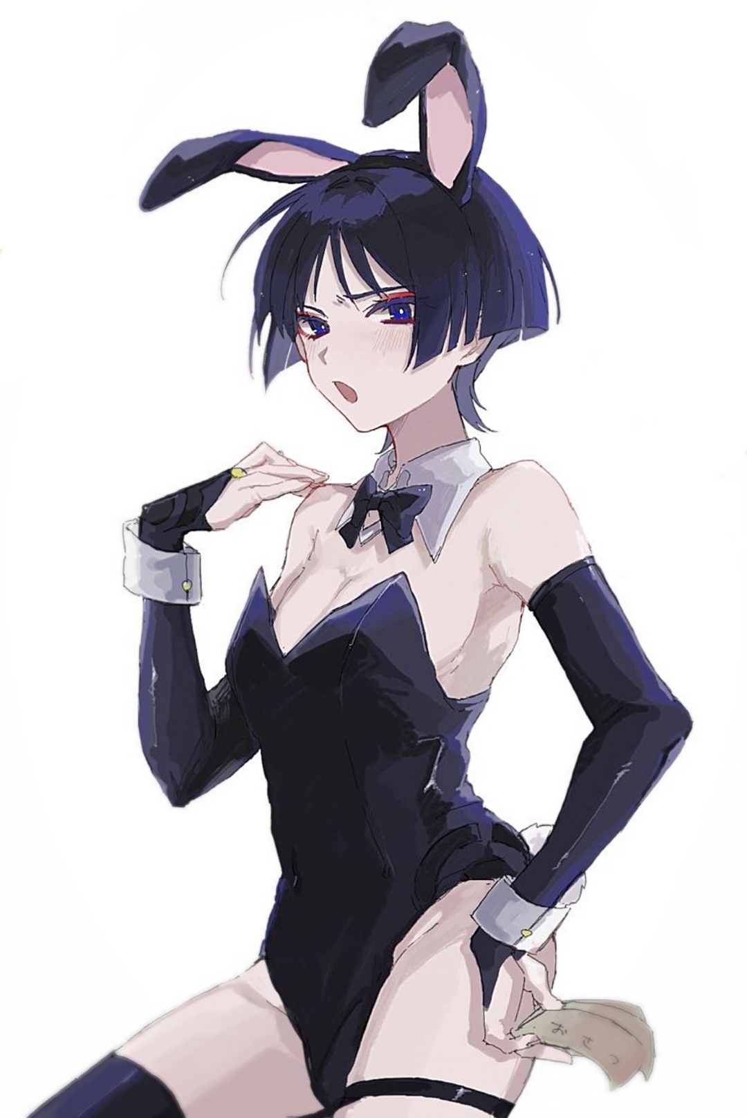 1boy, artist request, blush, bunny ears, bunny tail, bunnysuit, femboy, feminine male, genshin impact, looking at viewer, male, male focus, male only, otoko no ko, otokonoko, purple eyes, purple hair, scaramouche (genshin impact), solo, trap