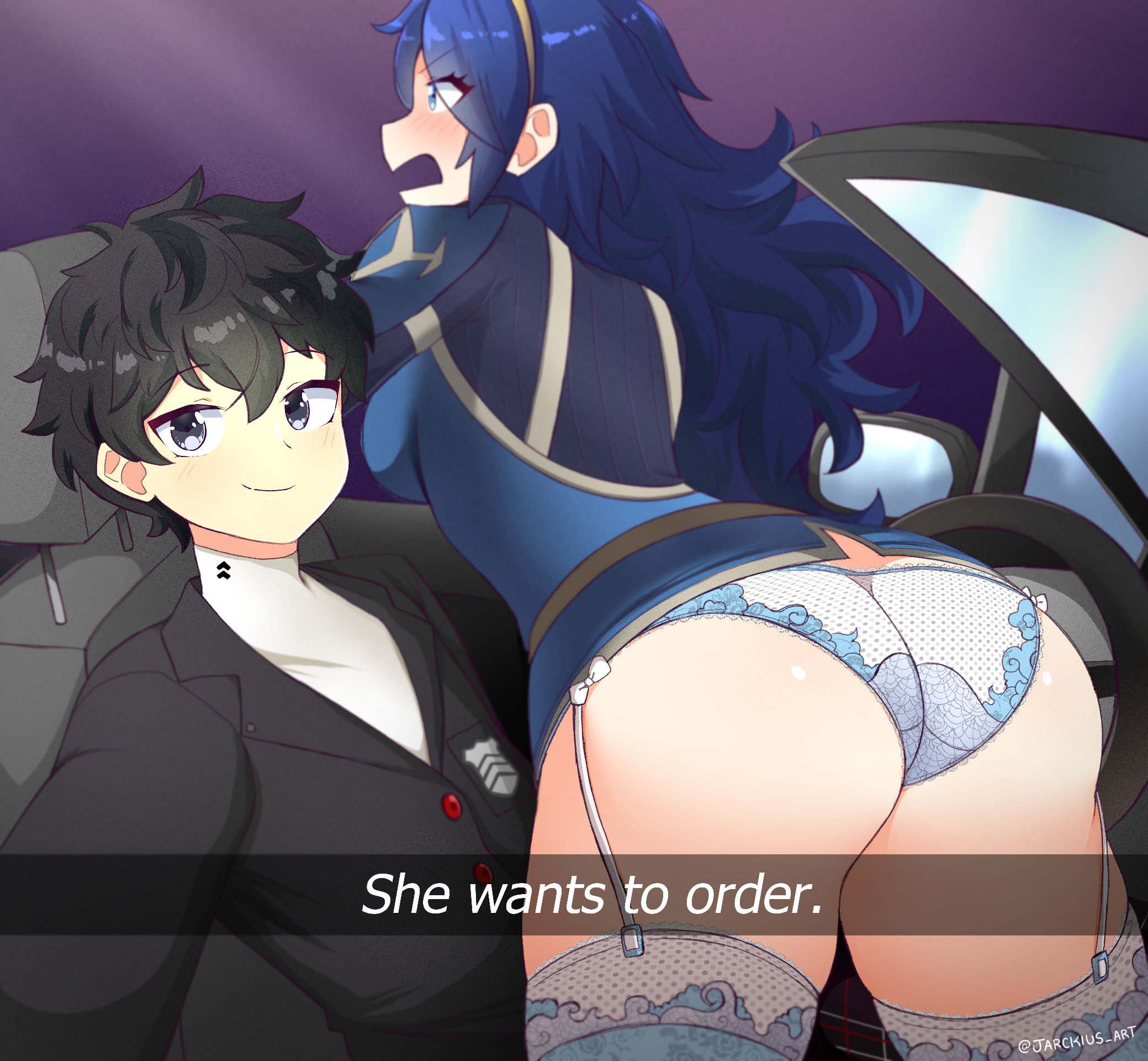 1boy, 1girls, alternate ass size, alternate version available, artist signature, ass, big ass, black hair, blue eyes, blue hair, blush, breasts, car, crossover, english text, female, fire emblem, fire emblem awakening, garter belt, garter straps, he wants to order, huge ass, jarckius, joker (persona), large ass, lucina (fire emblem), male, medium breasts, megami tensei, meme, panties, pantsless, persona, persona 5, ren amamiya, selfie, silver eyes, super smash bros. ultimate, text, thighhighs, underwear, white panties