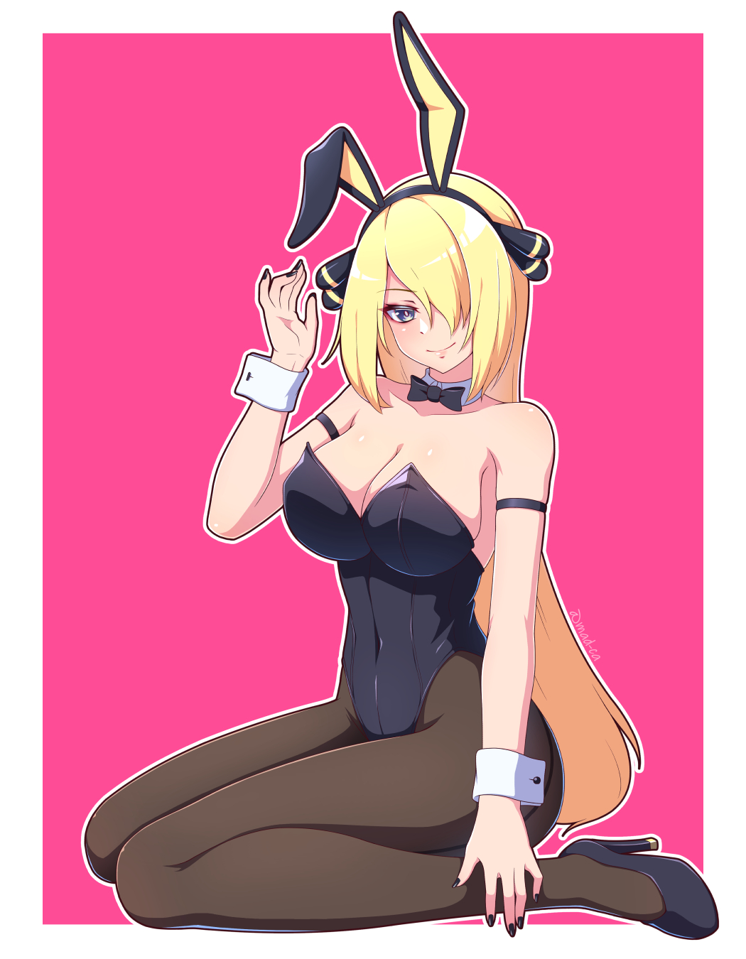 1girls armlet black_eyes black_high_heels black_leotard blonde_hair bowtie breasts bunny_ears bunnysuit covered_navel cuff_links cynthia_(pokemon) detached_collar fake_animal_ears hair_ornament hair_over_one_eye high_heels kneeling large_breasts leotard long_hair looking_at_viewer madoka_(user_zrnk8278) nintendo painted_fingernails pantyhose playboy_bunny pokemon pokemon_dppt strapless strapless_leotard