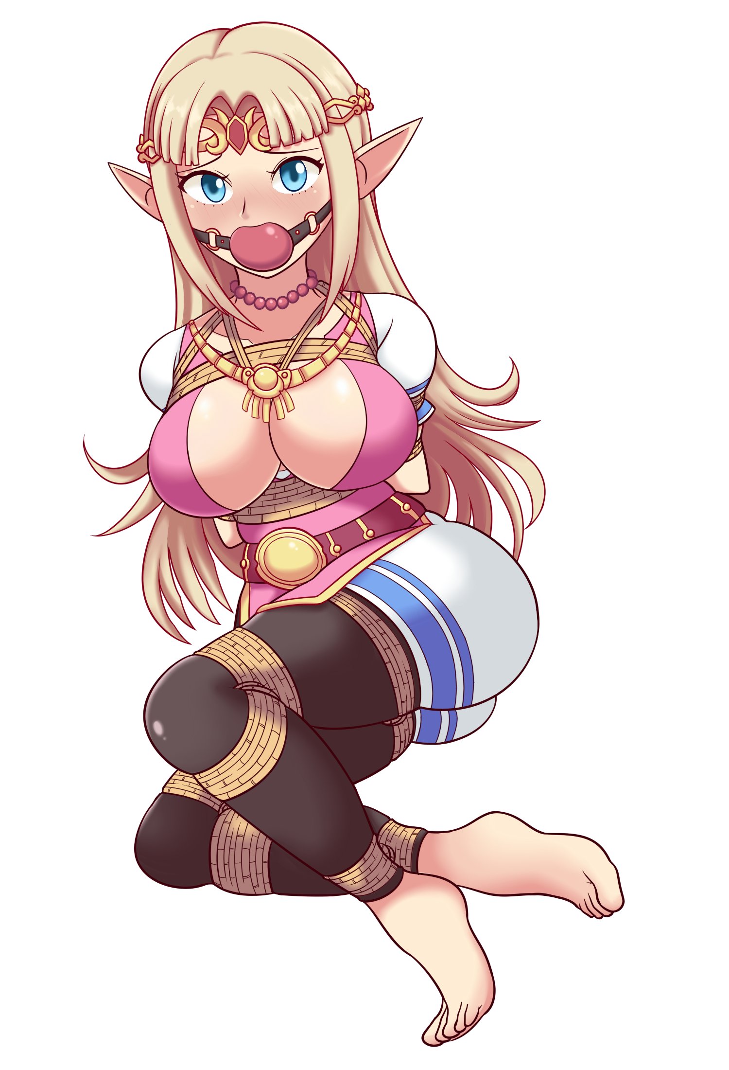 1girls, a link between worlds, a link to the past, arms tied behind back, bagelbomb, ball gag, barefoot, bead necklace, blonde hair, blue eyes, bondage, breasts, circlet, dress, female, gag, gagged, large breasts, legs tied, long hair, looking at viewer, multicolored dress, necklace, nintendo, pink dress, princess zelda, rope, rope bondage, shibari over clothes, solo, the legend of zelda, thighhighs, white dress, zelda (a link between worlds), zelda (a link to the past)