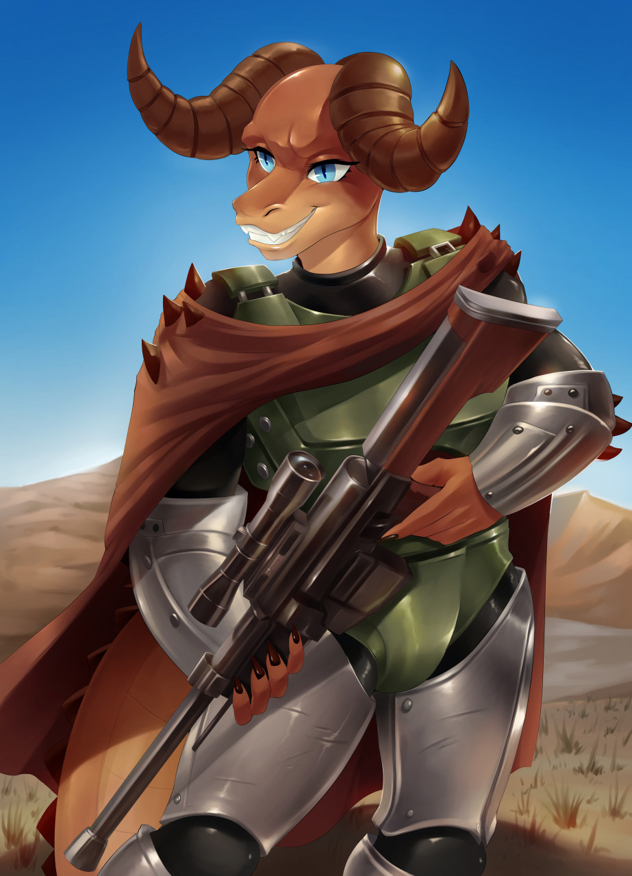 anthro blue_eyes blue_sky brown_body cape desert dragon_tail fangs furry green_armor gun horns lizard_girl sniper_rifle sparkittyart spikes