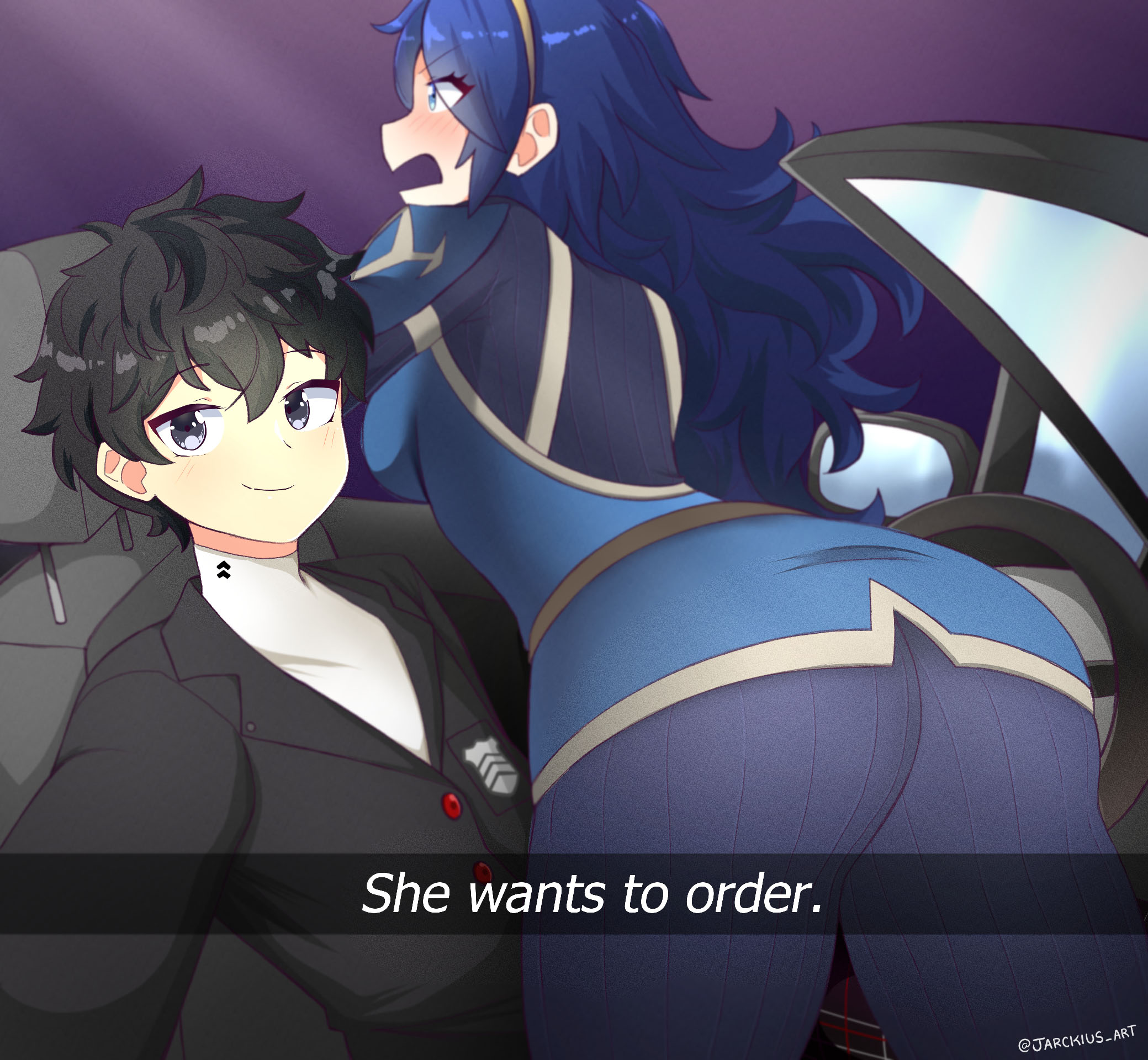 1boy, 1girls, alternate ass size, alternate version available, artist signature, ass, big ass, black hair, blue eyes, blue hair, blush, breasts, car, crossover, english text, female, fire emblem, fire emblem awakening, he wants to order, huge ass, jarckius, joker (persona), large ass, lucina (fire emblem), male, medium breasts, megami tensei, meme, persona, persona 5, ren amamiya, selfie, she wants to order, silver eyes, super smash bros. ultimate, text