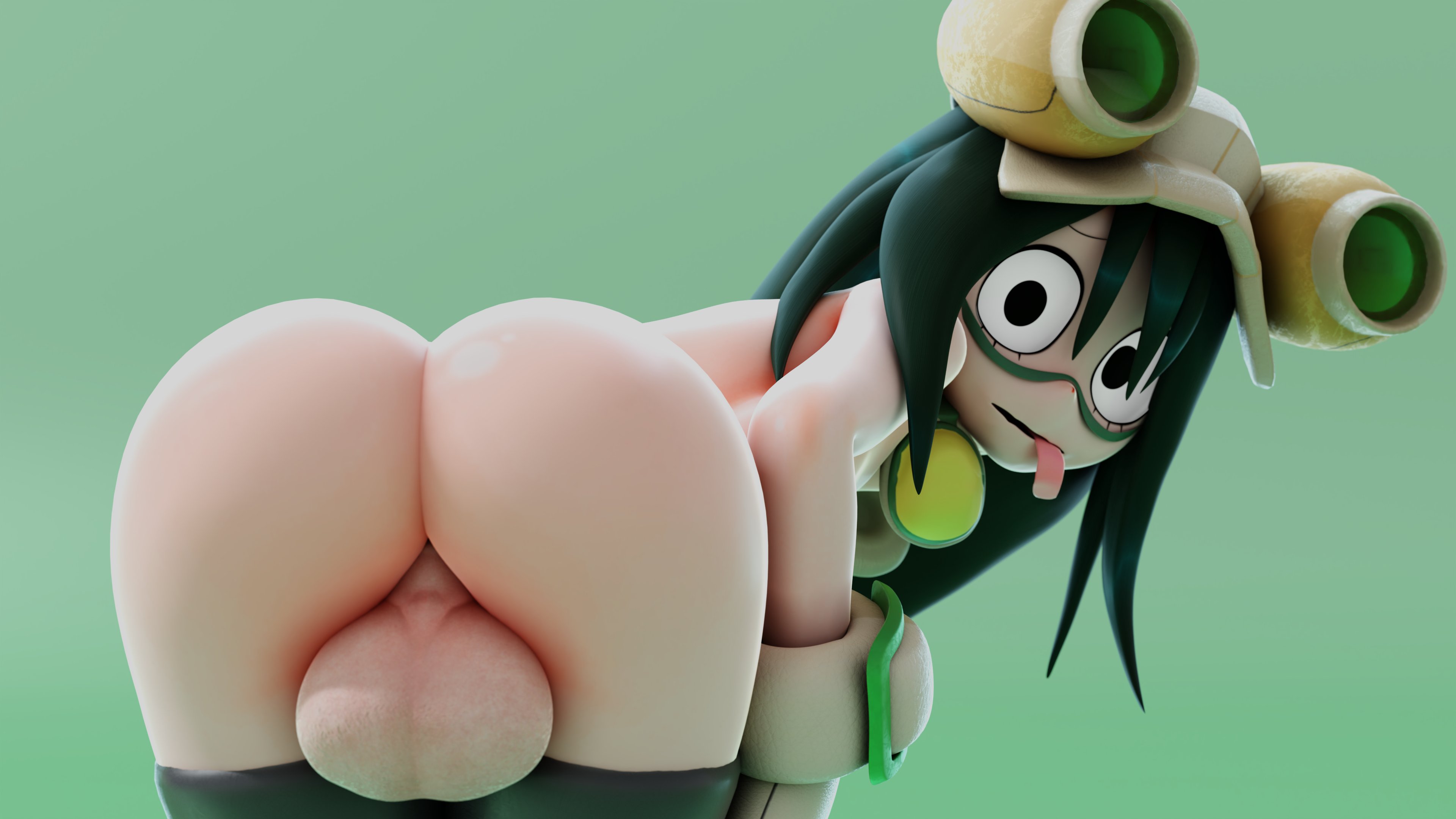 1futa, 3d, ass, back, back view, backsack, balls, ballsack, bent over, big ass, big balls, futa only, futanari, intersex, light skin, light-skinned futa, looking back, my hero academia, neenbeanmachine, solo, tagme, tongue, tongue out, tsuyu asui