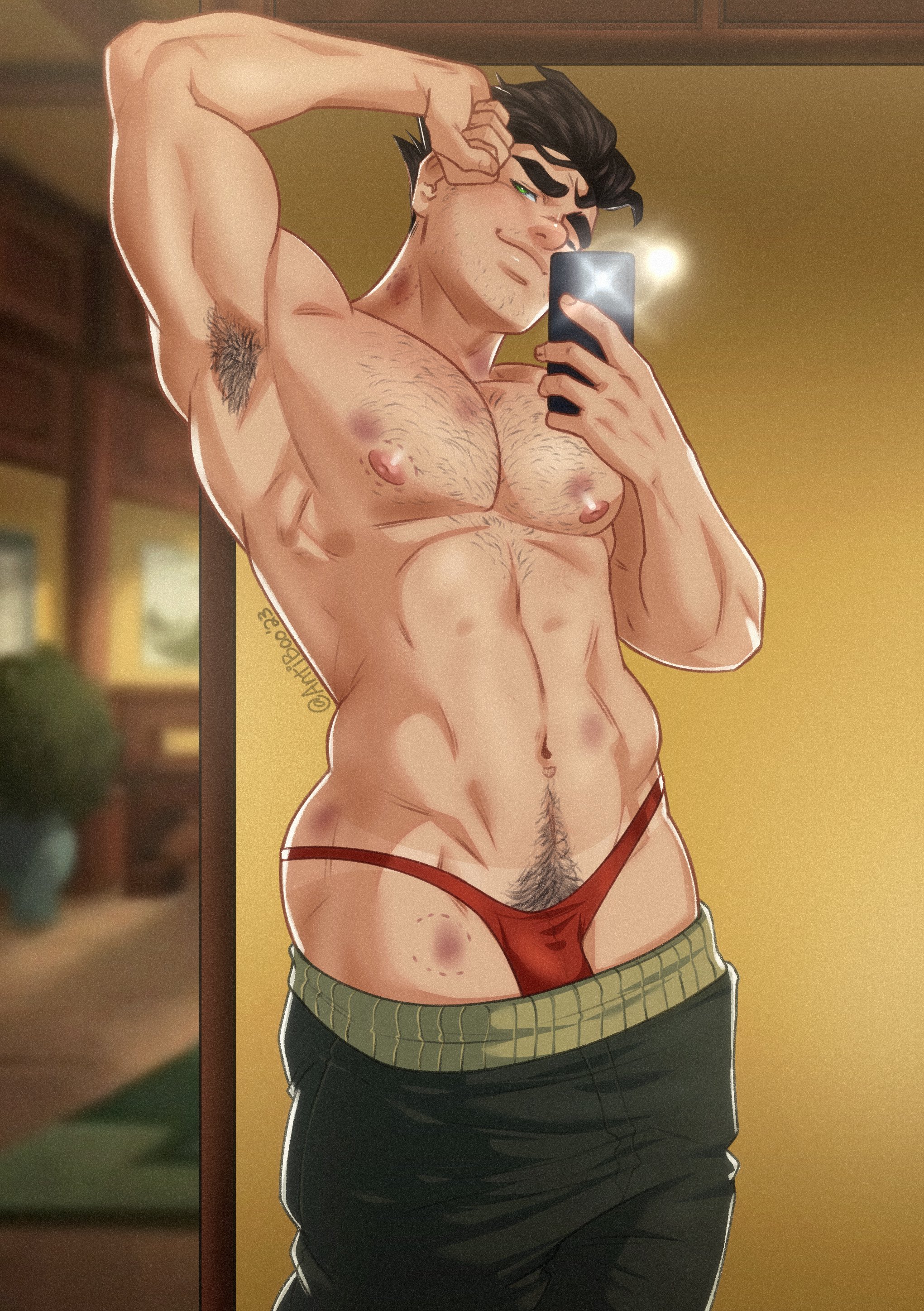 1boy, antibooart, avatar legends, bite mark breast, bolin, breasts, clothing, gay, gay male, hairy, hairy chest, hairy male, hickey, hickey marks, male, male only, markings, pants down, photo, pubic hair, teeth, teeth marks, the legend of korra, thong, thong underwear, underwear, yaoi