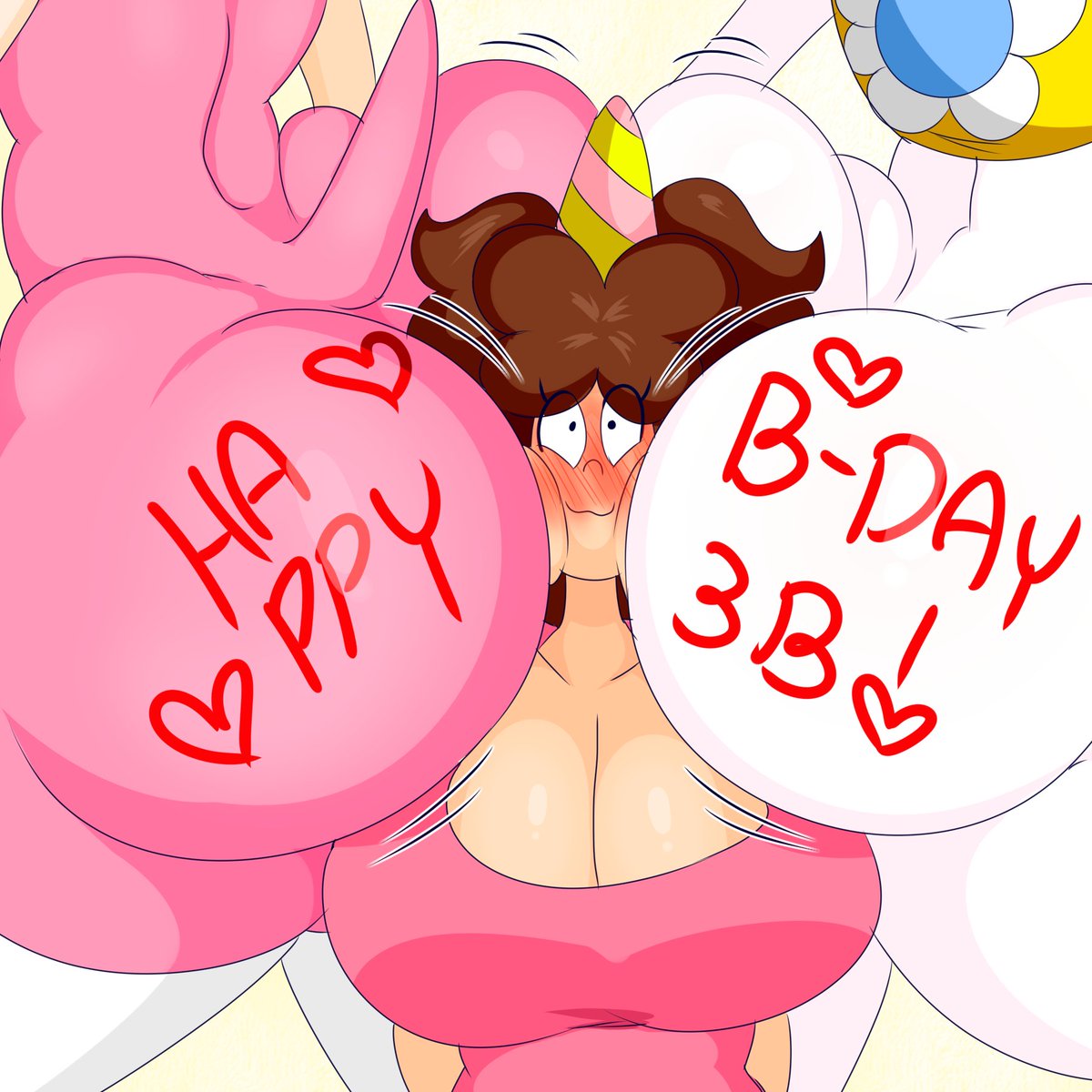 2021, 3girls, amy rose, anthro, ass, ass jiggle, big ass, big breasts, big butt, birthday, blush, breasts, brown hair, bubble ass, bubble butt, cleavage, crossover, denizen1414, female, female only, happy birthday, jess (3barts), mario (series), mobian (species), multiple females, multiple girls, nintendo, party hat, princess daisy, sega, simple background, sonic (series), thick thighs, white background