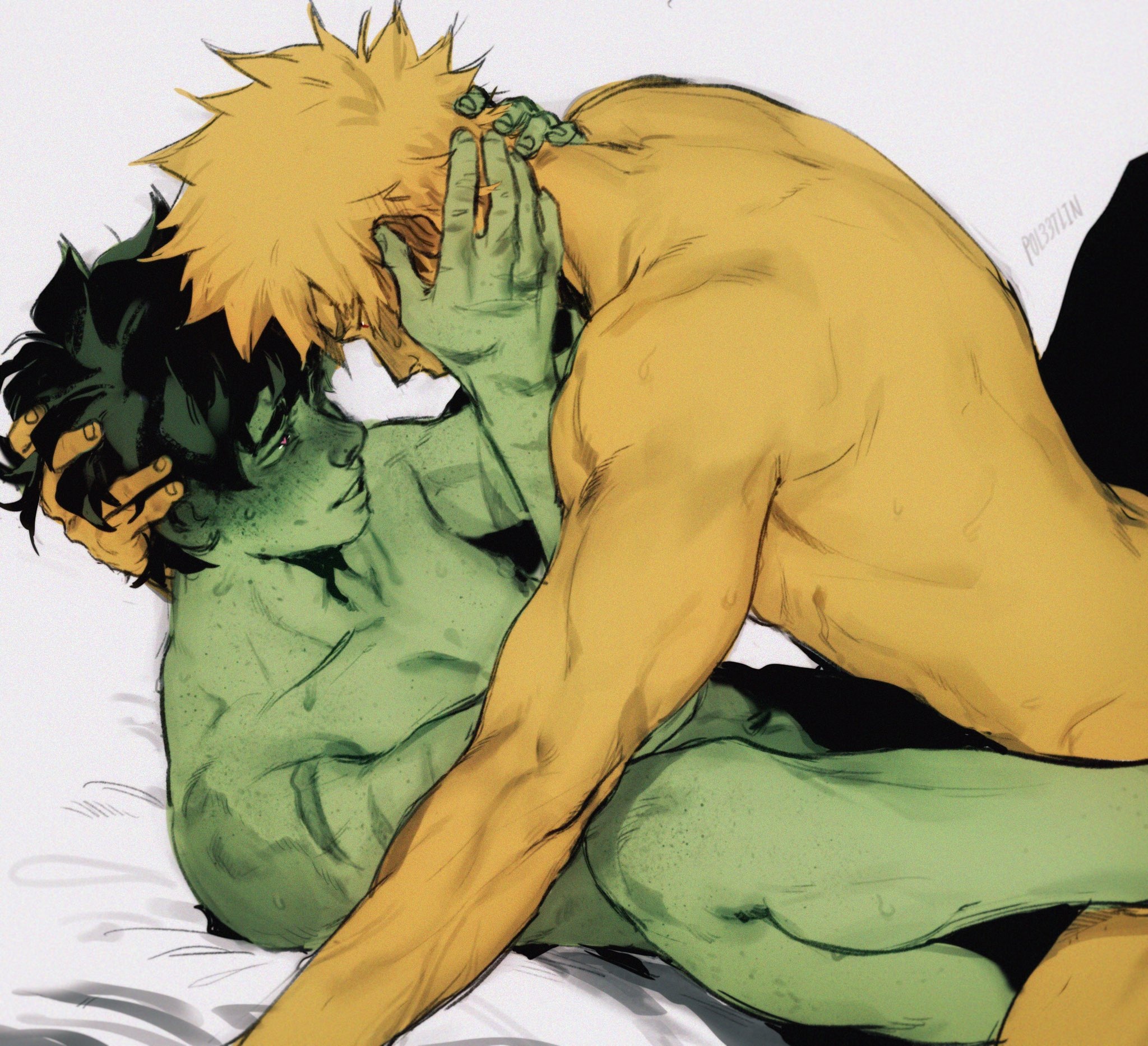 2boys, freckles, gay sex, hand in hair, hand on head, hand on neck, head grab, heart-shaped pupils, holding head, izuku midoriya, katsuki bakugou, legs apart, male, male only, male penetrating, muscular, muscular male, my hero academia, sex, yaoi
