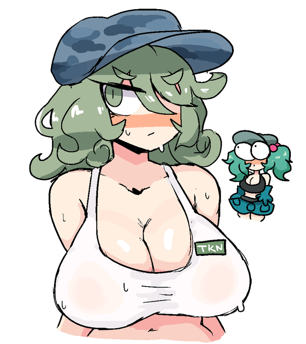 2girls big_breasts cleavage curvy_body green_hair hat light-skinned_female nitori_kawashiro notnoe_(dxcl) see-through sweat takane_yamashiro tank_top touhou