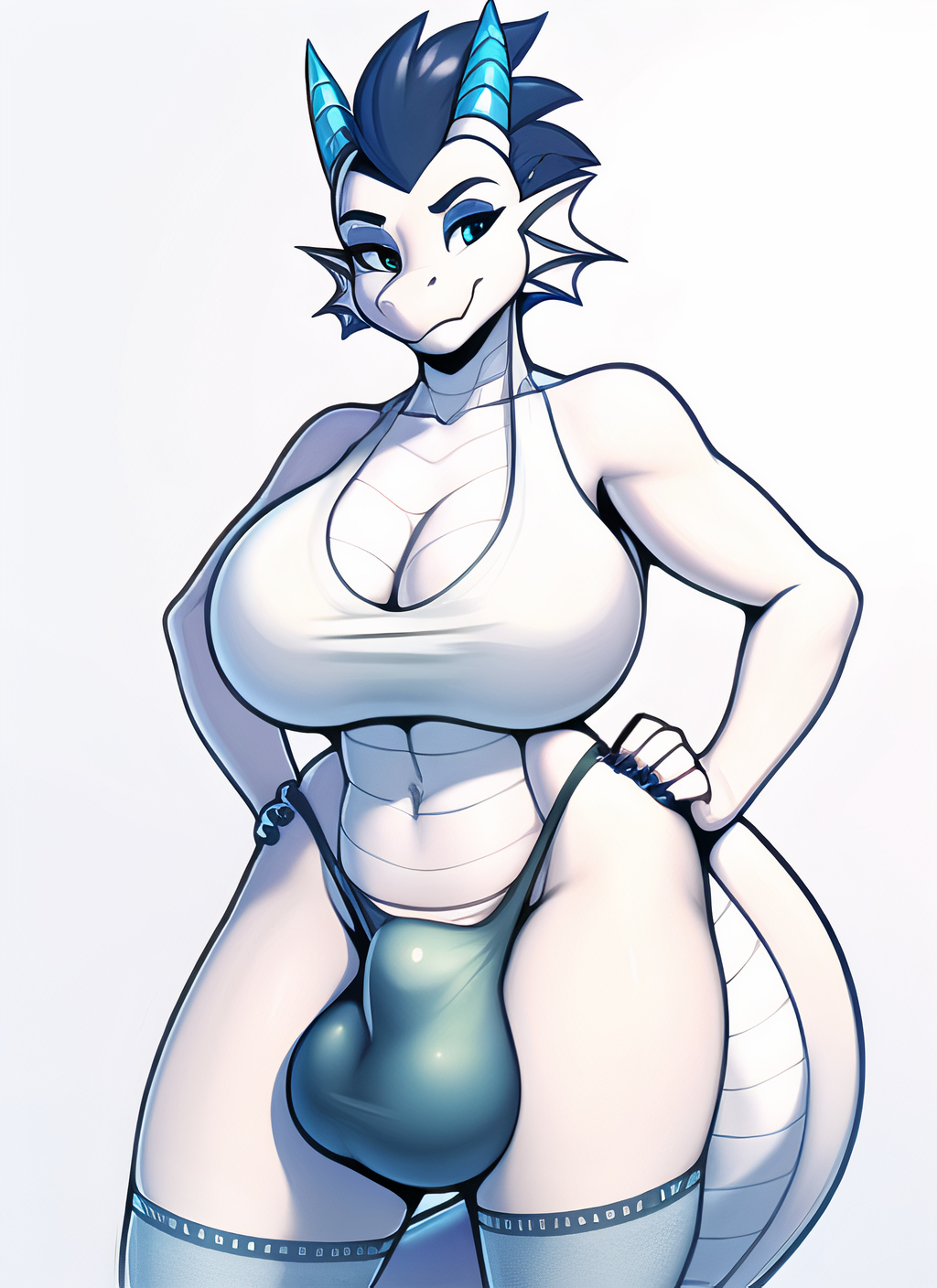 1futa ai_generated anthro big_breasts blue_eyes breasts bulge bulge_through_clothing dickgirl dragon futanari gynomorph horn horns nai_diffusion nail_polish penis_bulge scales scalie scalie_futa scalie_intersex stable_diffusion tagme tail white_scales white_skin wide_hips