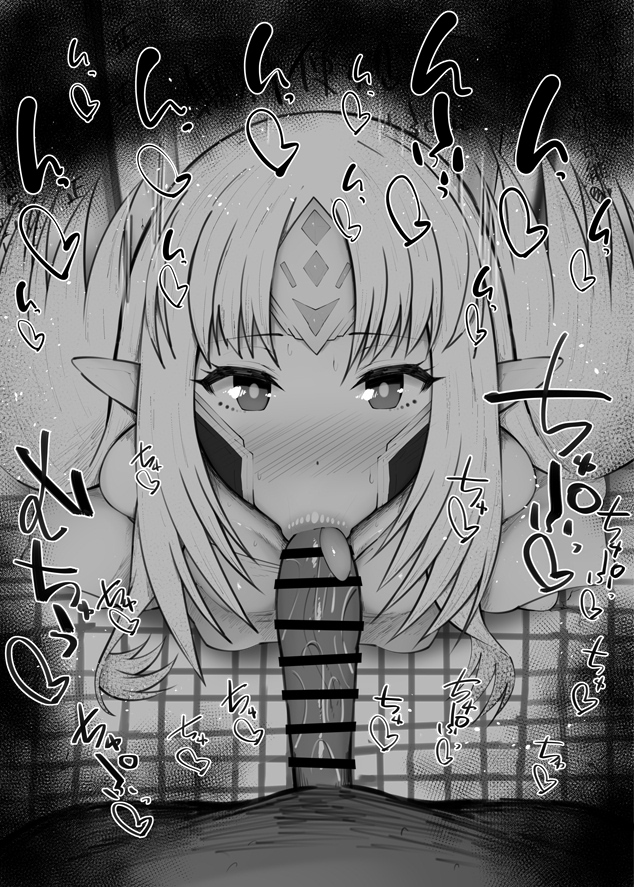 :>=, 1boy, 1girls, bare shoulders, big penis, black and white, blowjob, blush, breasts, censored, cid kagenou, dark skin, dark-skinned male, detailed background, drooling, elf, eyelashes, fellatio, female, hair over one eye, heart, humanoid, indoor, indoors, interracial, kage no jitsuryokusha ni naritakute!, kurotama, long hair, looking at viewer, male, male pov, olivier (the eminence in shadow), oral, oral sex, penis, pointy ears, pov, saliva, shiny, shiny skin, sketch, small breasts, sound effects, squatting, text, the eminence in shadow, tongue, tongue out, vein, veins, veiny, veiny penis