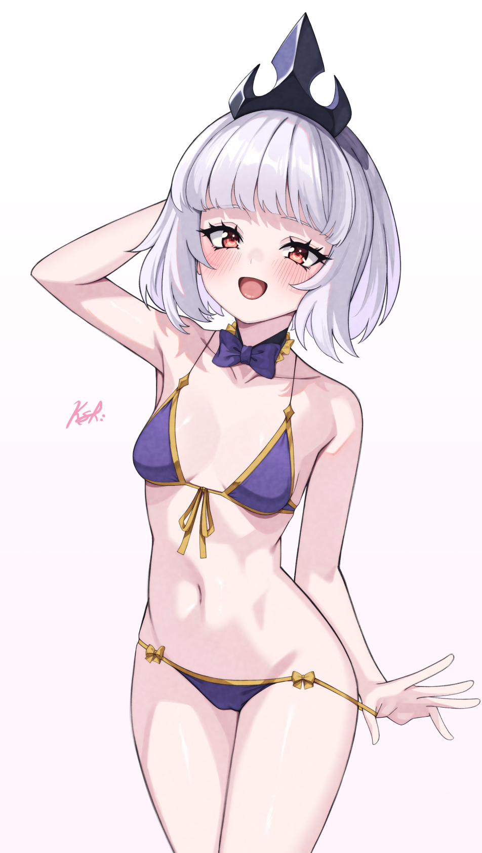 artist_signature belly bikini bikini_bottom bikini_top blizzard_entertainment blunt_bangs blush bob_cut cameltoe chaoskun02_(artist) female female_only front-tie_top heroes_of_the_storm naughty_face open_mouth orphea purple_bikini purple_ribbon pussy_visible_through_clothes red_eyes ribbon ribbon_choker signature small_ass small_breasts smile solo solo_focus strap_pull tiara white_background white_hair yellow_ribbon