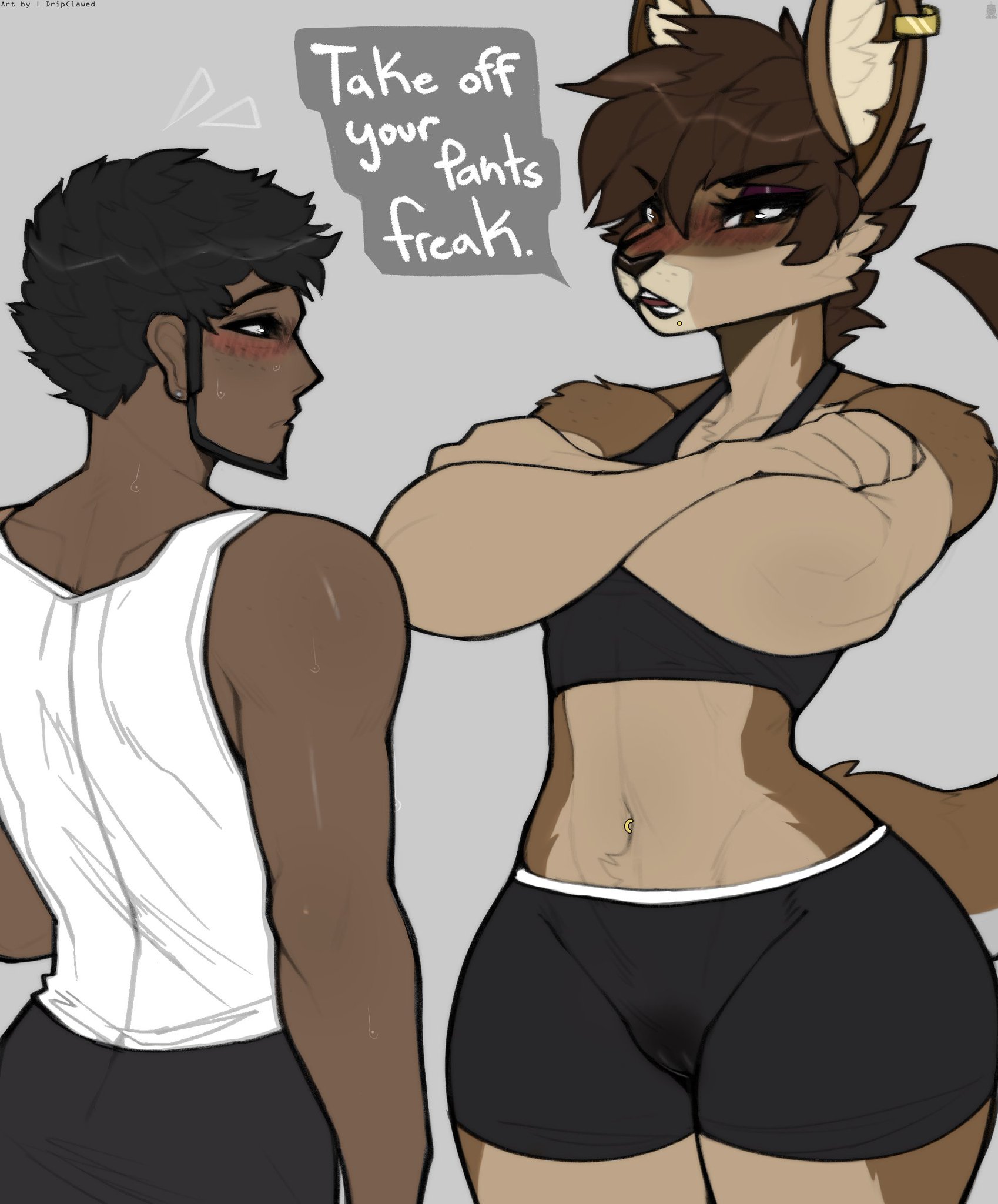1boy, 1girls, before sex, black skin, brown fur, claweddrip, female, furry, gonzalo costa, kangaroo, male, sports bra, tagme, tagme (character), tail, text, text bubble, tomboy