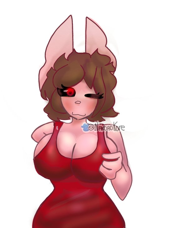 big_breasts brown_hair furry nakorokore penny_(piggy) pig_girl piggy_(game) red_dress red_eyes roblox roblox_game tagme twitter_username watermark