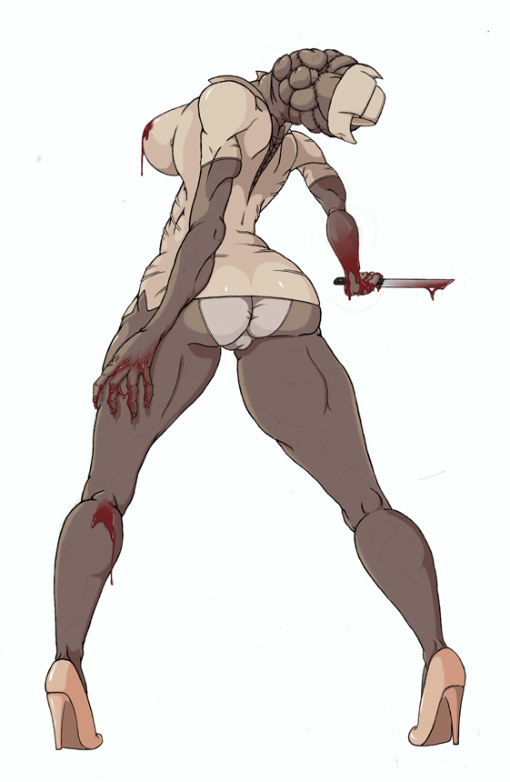 1girls ass blood bloody_knife cameltoe father_dimitry heels holding_weapon large_breasts monster_girl nurse nurse_(silent_hill) nurse_cap nurse_uniform silent_hill white_background