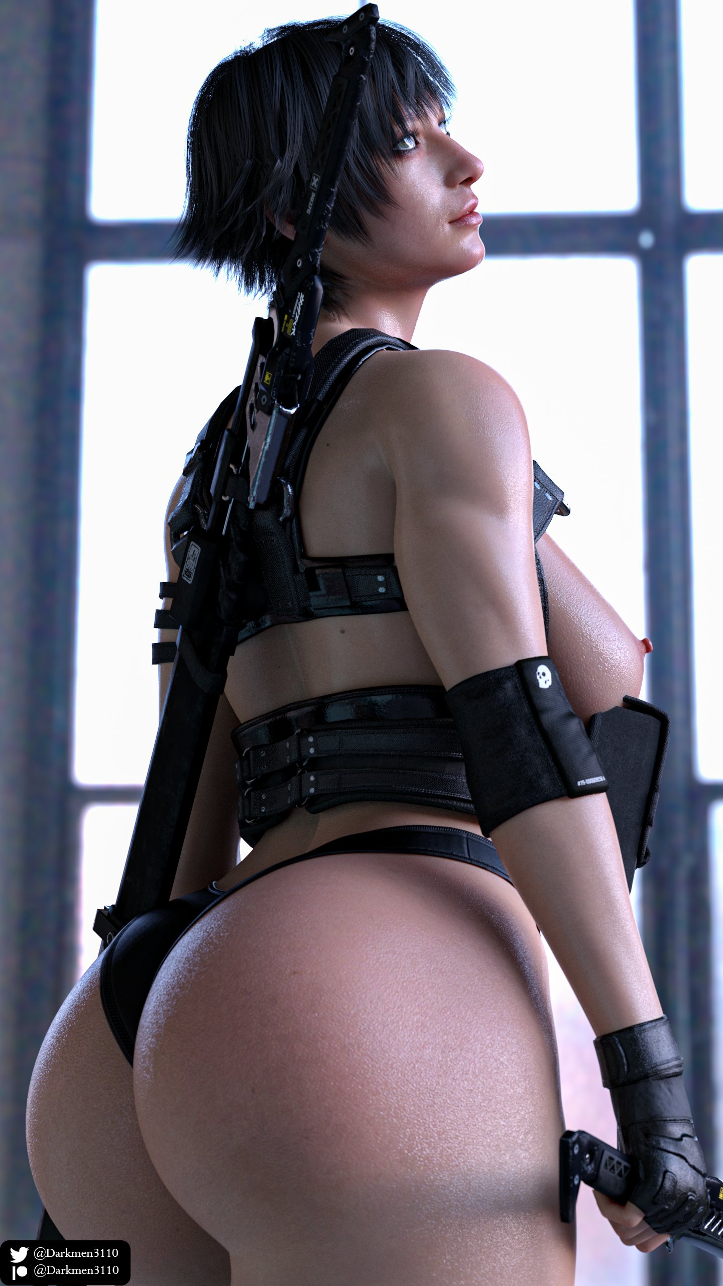 1girls, 3d, absurd res, areolae, ass, back view, belt, big ass, big breasts, black gloves, black hair, black legwear, breasts, capcom, darkmen3110, devil may cry, devil may cry (series), devil may cry 5, female, female only, fingerless gloves, gloves, heterochromia, indoors, lady (devil may cry), legwear, looking at viewer, looking back, navel, nipples, panties, patreon username, short hair, short shorts, shorts, solo, solo focus, thick thighs, thong, twitter username