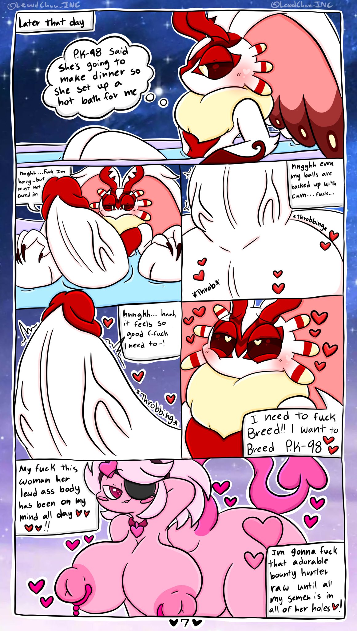 anthro big_breasts big_ears big_penis breasts chaos_elfilis chinchilla chinchillid comic english_text eye_patch eyewear female genitals heart hi_res huge_cock kirby_(series) kirby_and_the_forgotten_land lewdchuu_(artist) male mammal nintendo p.k-98 page_7 page_number penis pink_body rodent solo text vein veiny_penis white_body